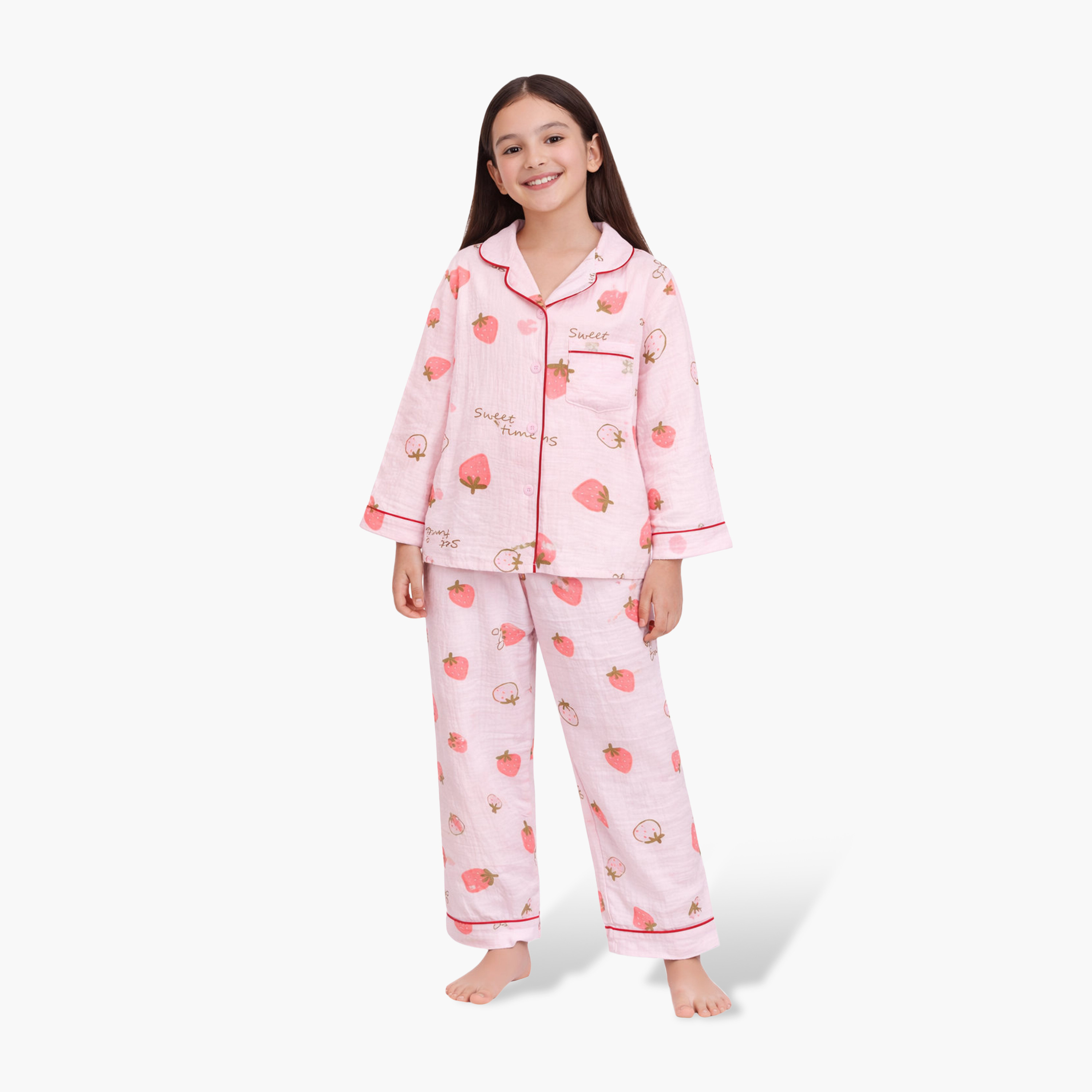 Victor and Jane Strawberry Printed Cotton Muslin Pyjama Set-girls-clothing-nightwear-image-1