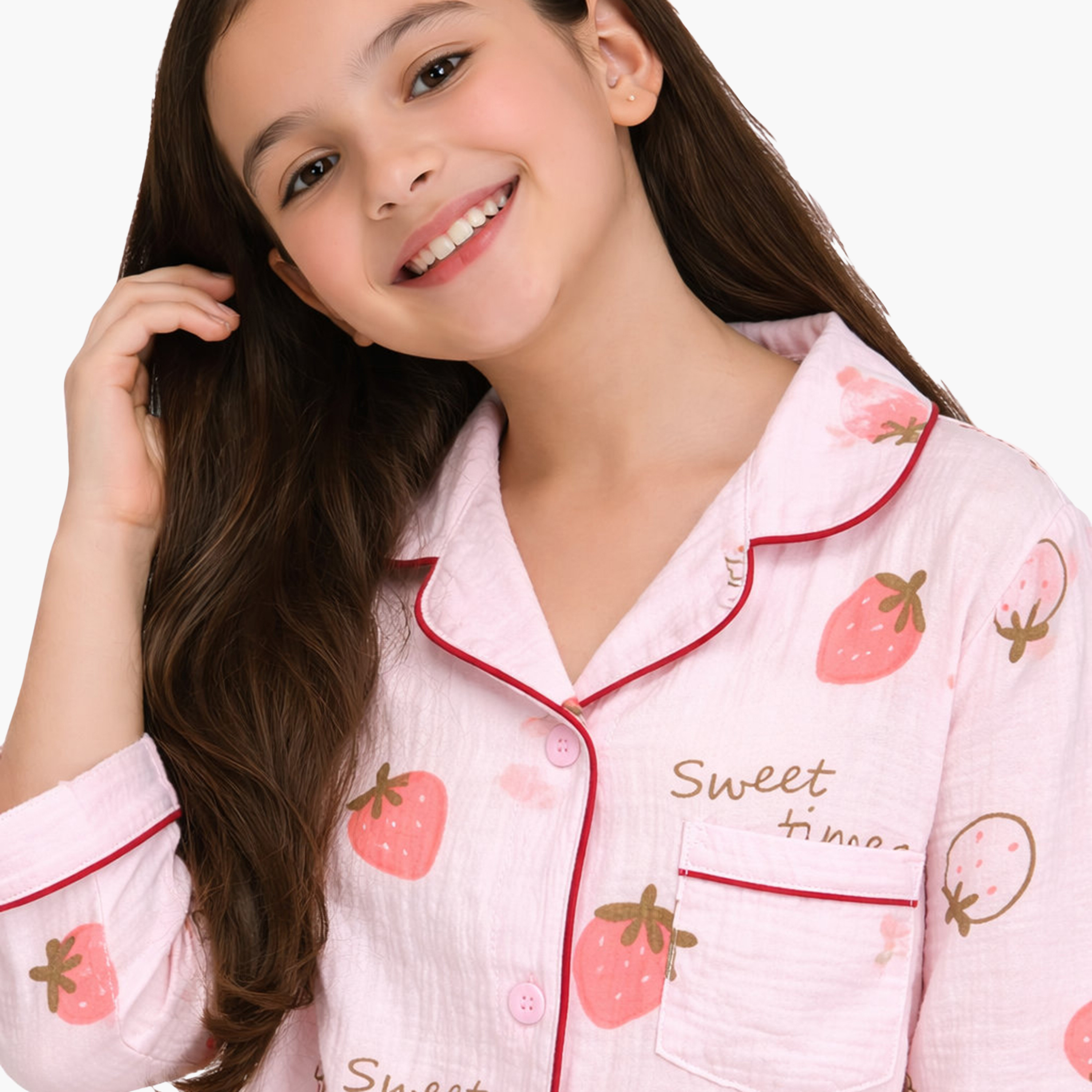 Victor and Jane Strawberry Printed Cotton Muslin Pyjama Set-girls-clothing-nightwear-image-3