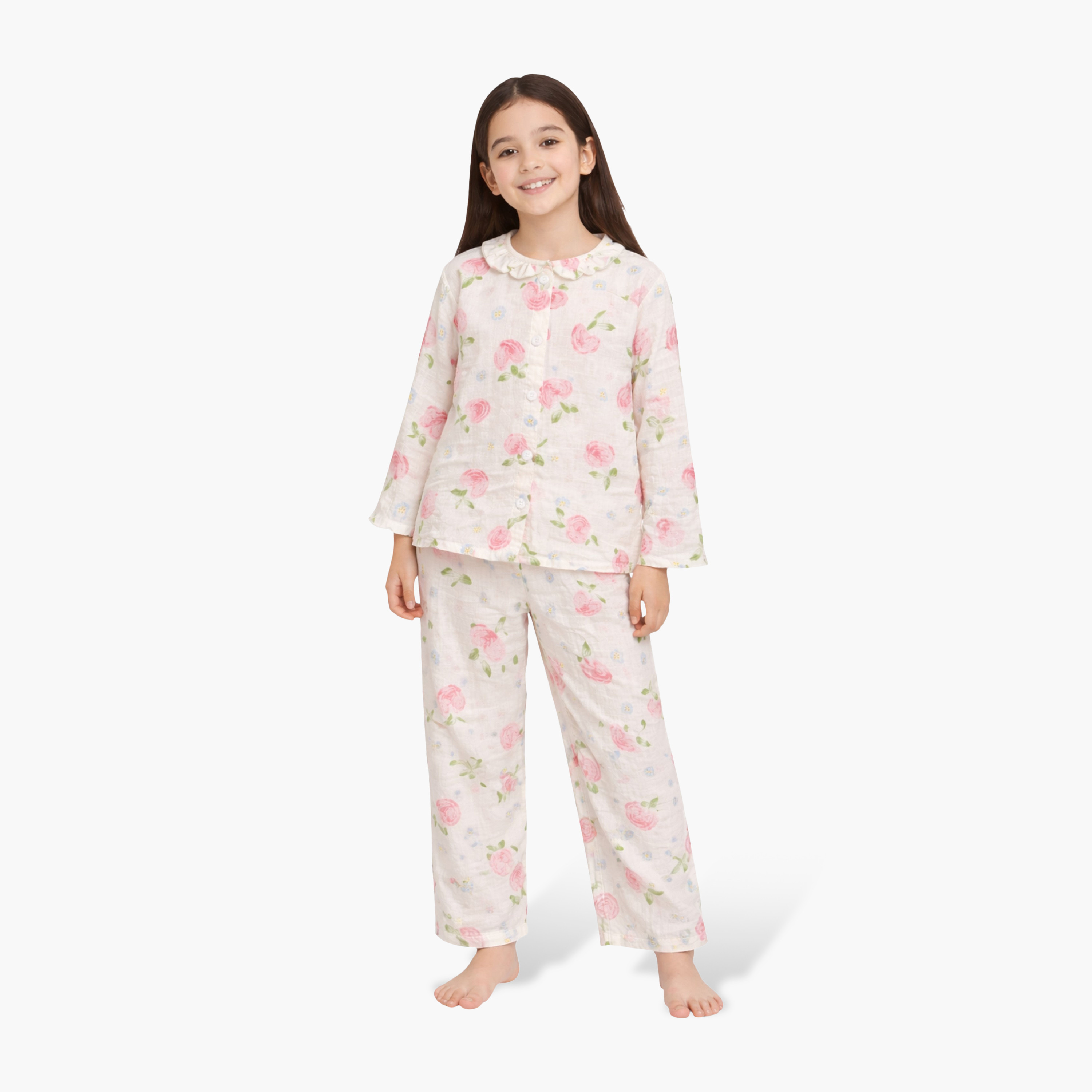 طقم تيشيرت قطن بأكمام كاملة بطبعة فلورال وبنطال بيجاما من فيكتور أند جين-girls-clothing-winterwear-pyjamasets-image-1