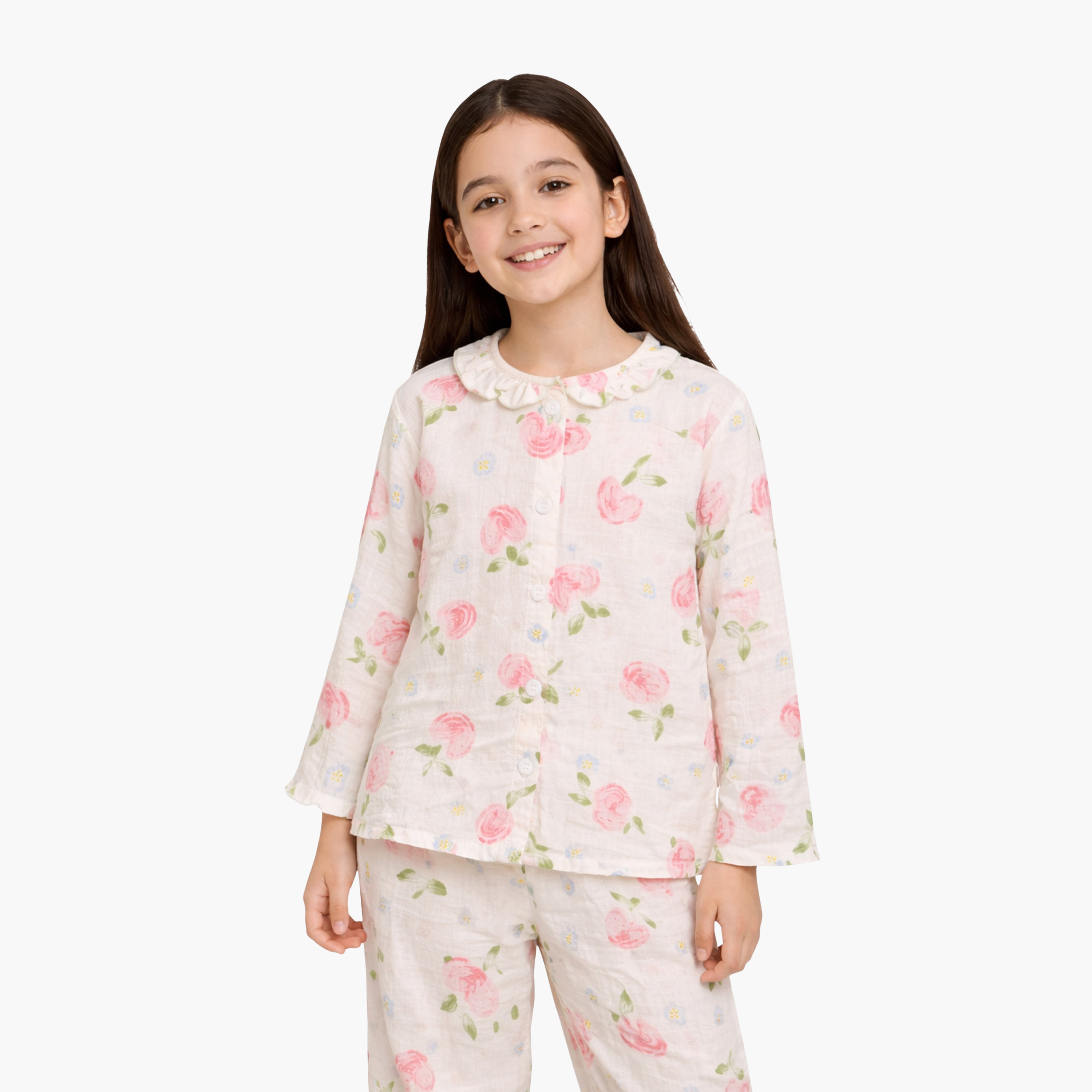 طقم تيشيرت قطن بأكمام كاملة بطبعة فلورال وبنطال بيجاما من فيكتور أند جين-girls-clothing-winterwear-pyjamasets-image-2