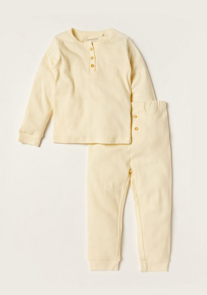 Juniors Ribbed Long Sleeves T-shirt and Full Length Pyjama Set-Pyjama Sets-image-0