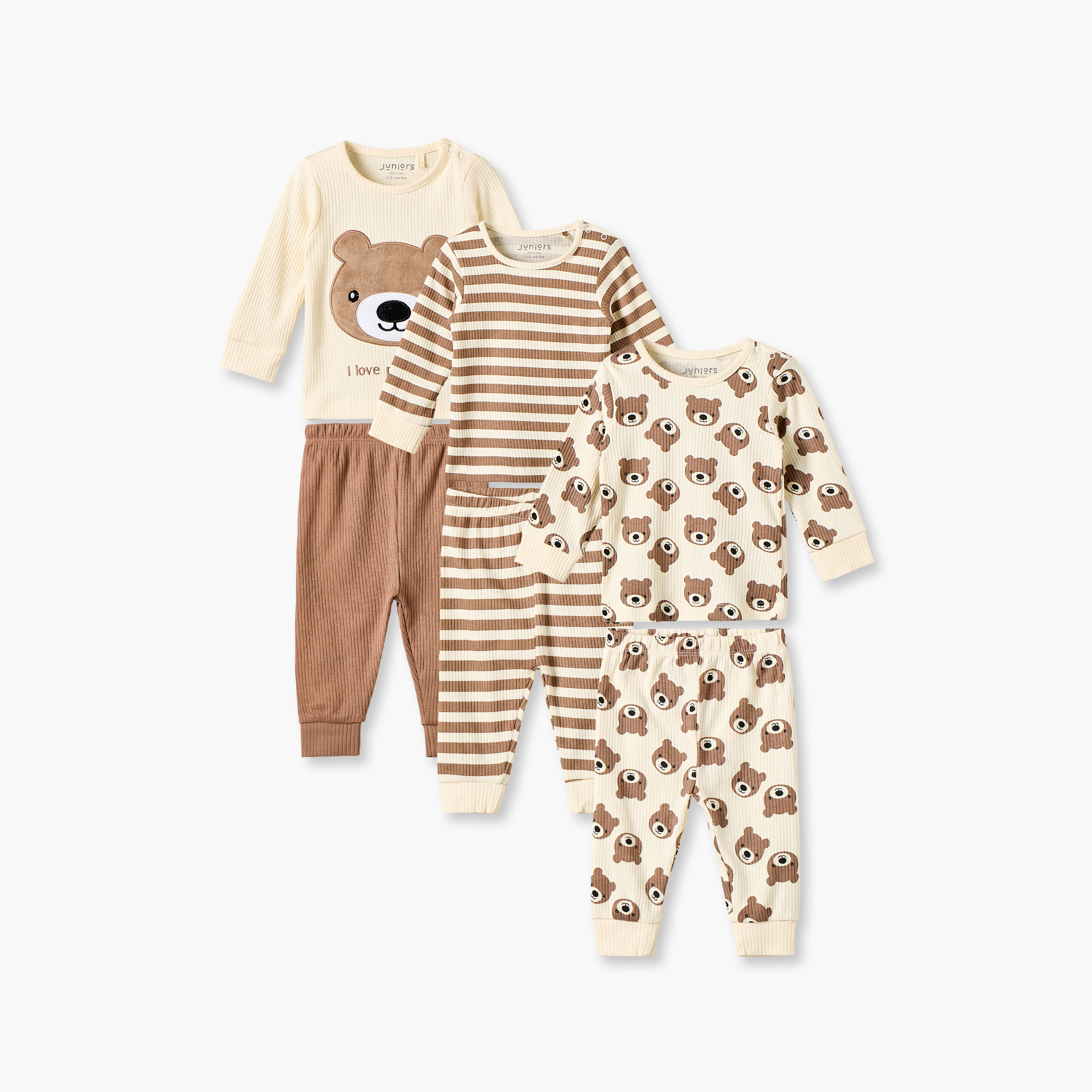 طقم بيجاما قطن بياقة ضيقة وأكمام طويلة وزر إغلاق كباس من جونيورز - عبوة من 3 قطع-baby-boys-clothing-nightwear-pyjamasets-image-1