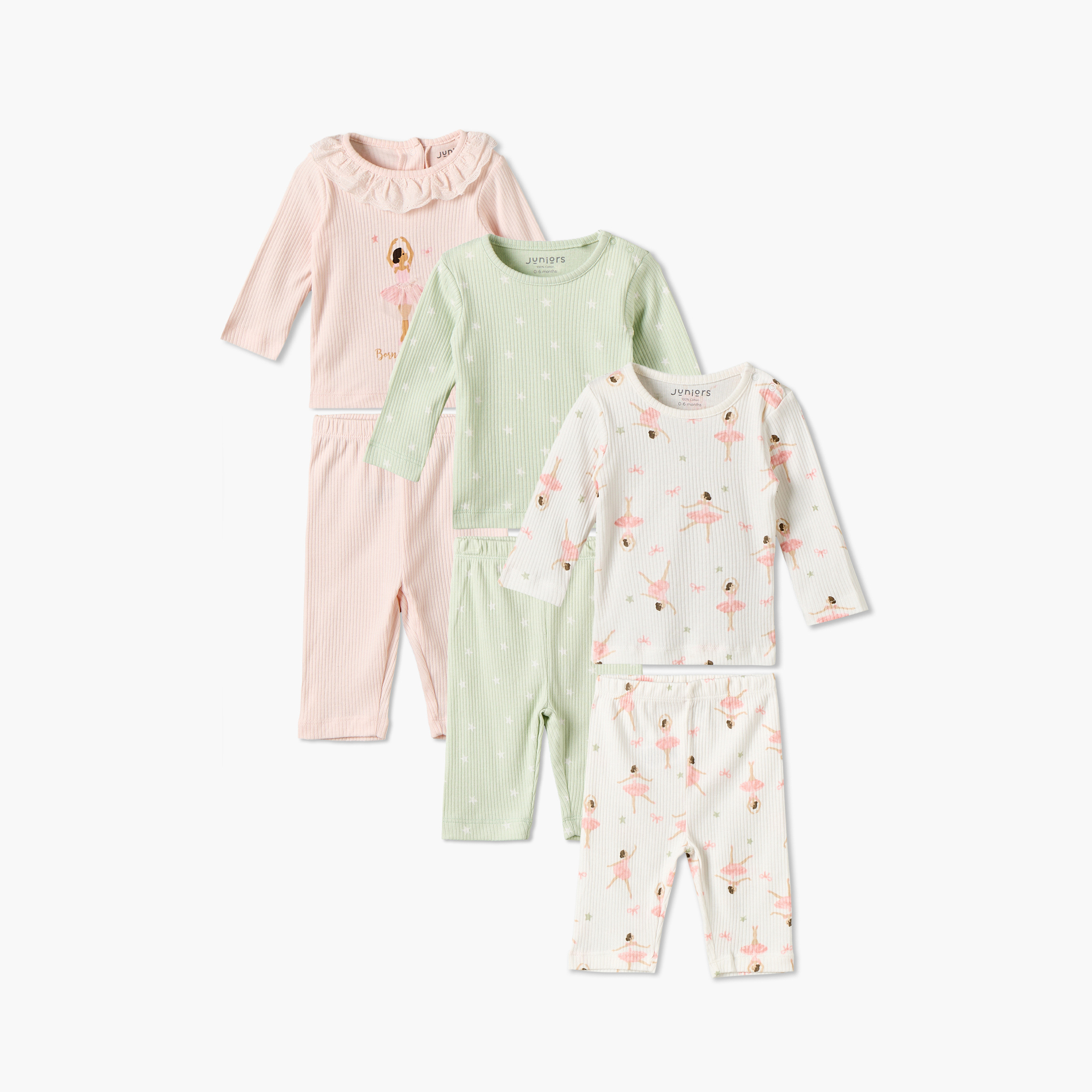 طقم بيجاما قطن بياقة ضيقة وأكمام طويلة وطبعات متنوعة من جونيورز - عبوة من 3 قطع-baby-girls-clothing-nightwear-pyjamasets-image-1