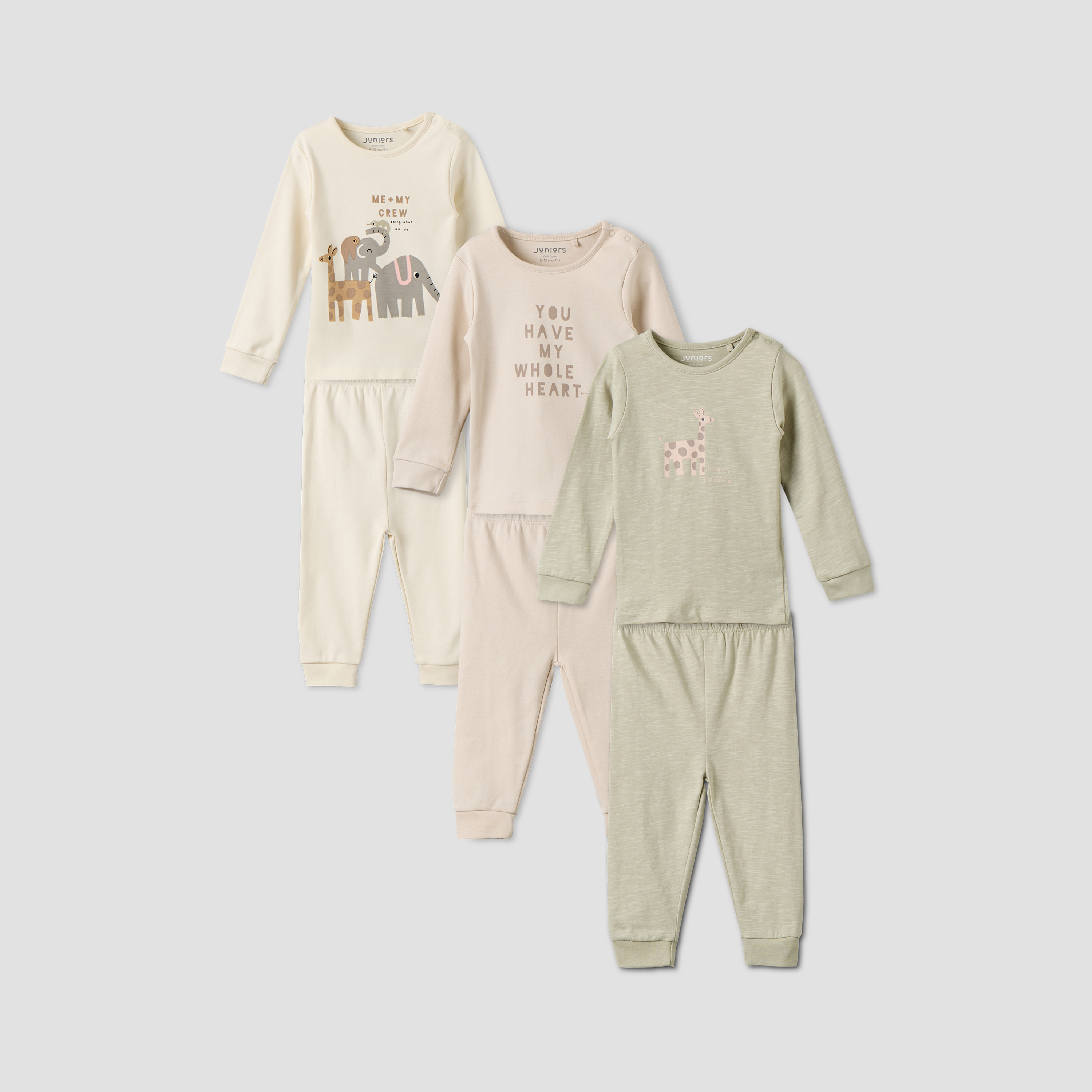 Pack of 3 Juniors Cotton Crew Neck Long Sleeves Pyjama Set with Safari Print-baby-boys-clothing-nightwear-pyjamasets-image-1