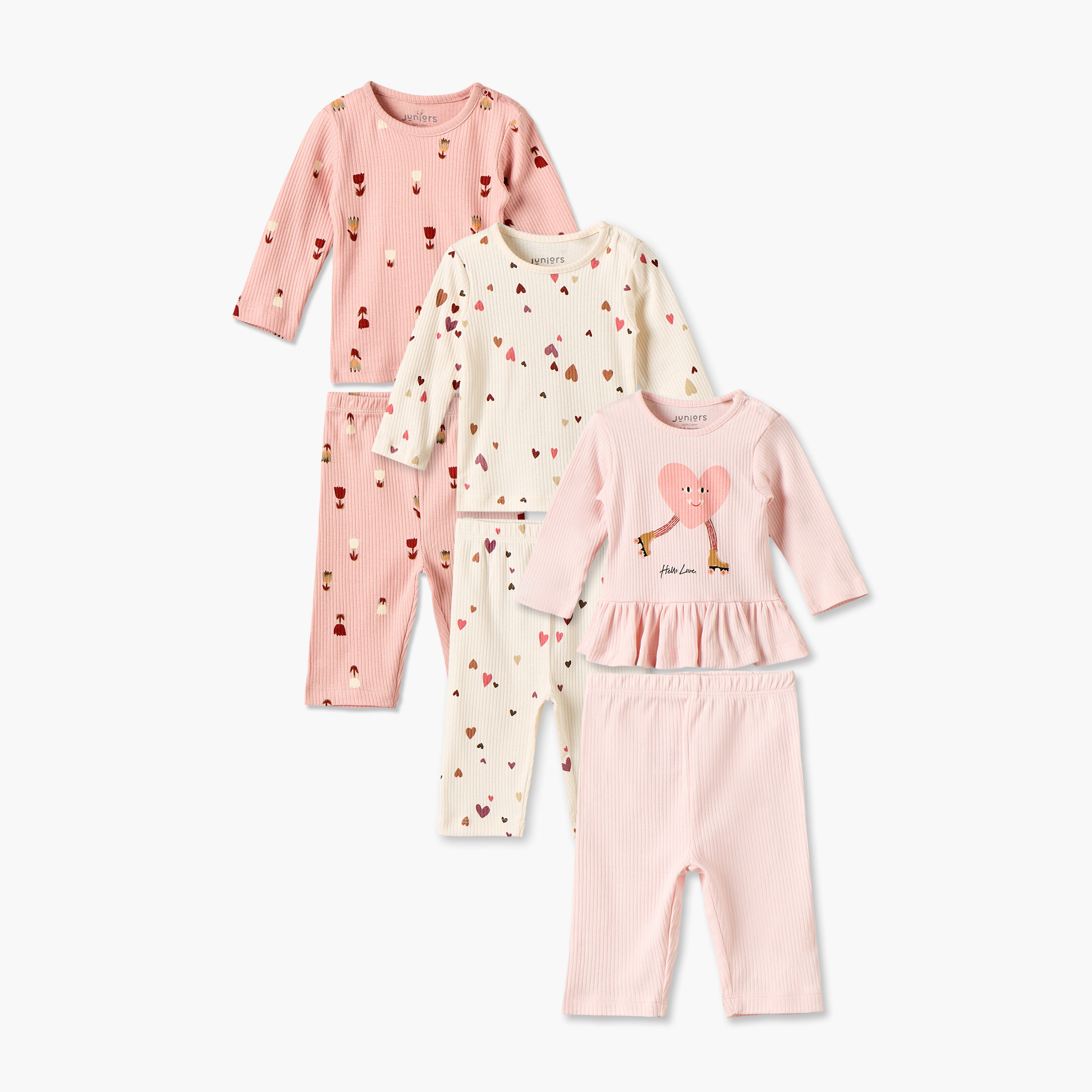 طقم بيجاما قطن برقبة ضيقة وأكمام طويلة وطبعات متنوعة من جونيورز - عبوة من 3 أطقم-baby-girls-clothing-nightwear-pyjamasets-image-1