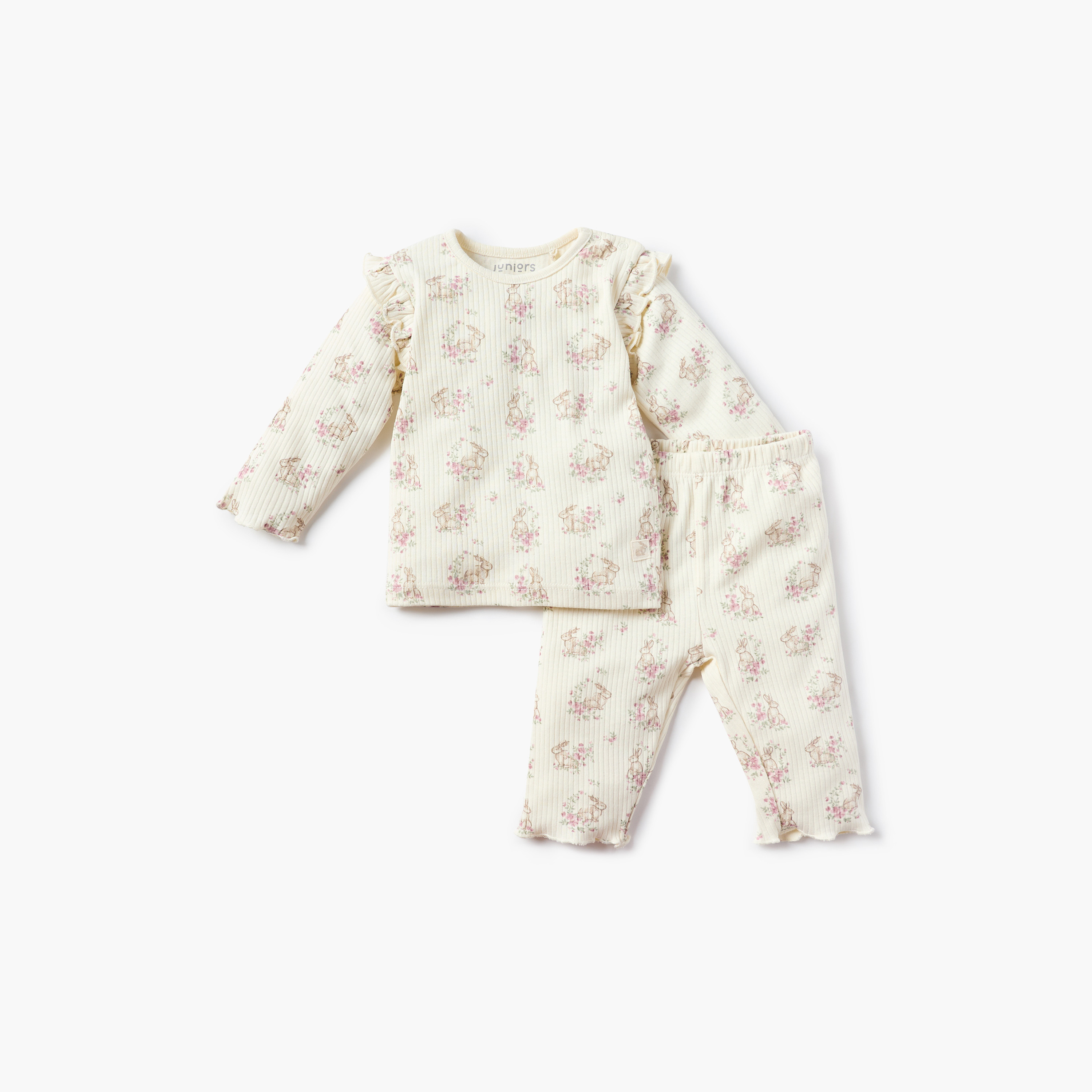 طقم تيشيرت بأكمام طويلة وبنطلون بيجاما بخصر مطاطي وطبعات من جونيورز-baby-girls-clothing-nightwear-pyjamasets-image-1