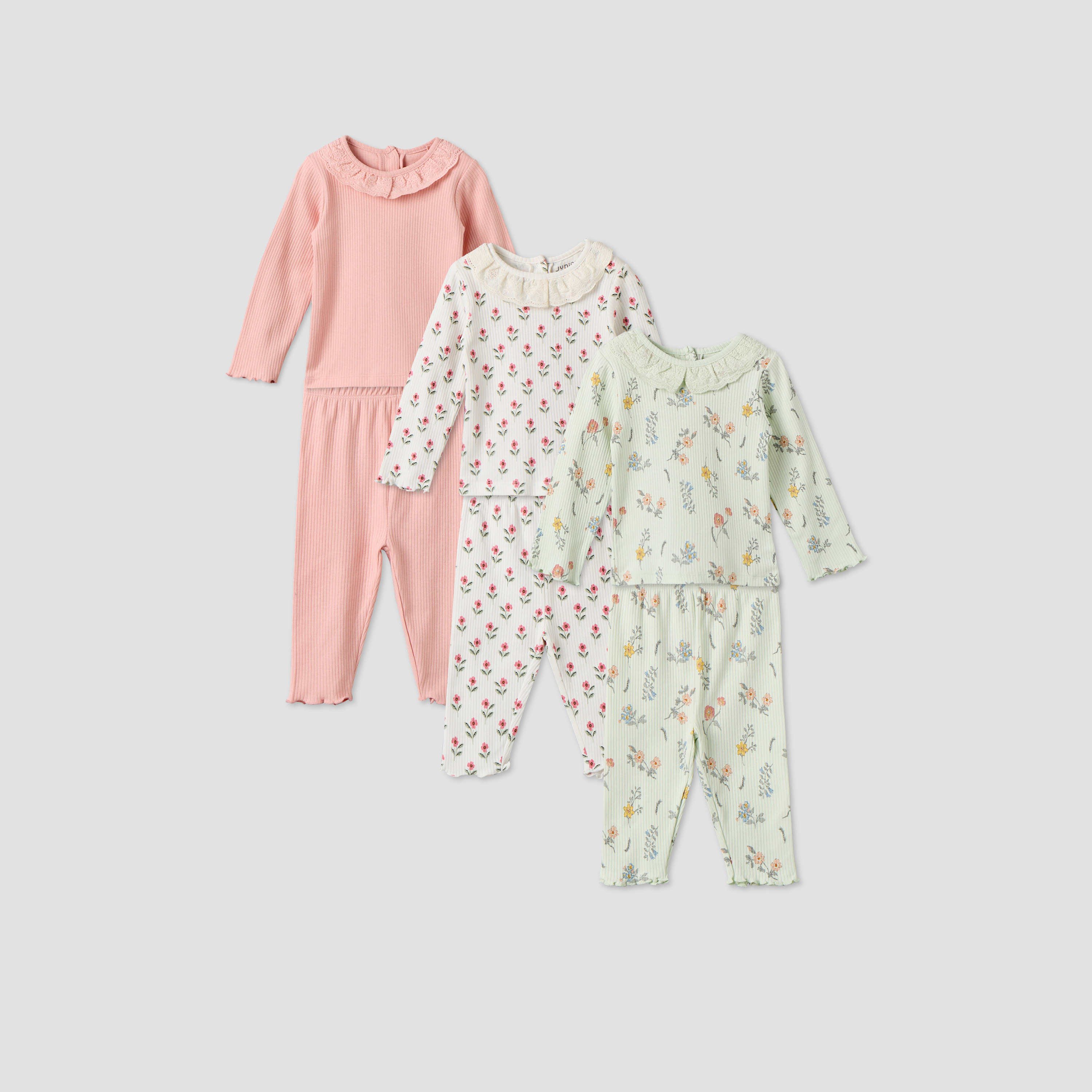 Pack of 3 Juniors Cotton Crew Neck Long Sleeves Pyjama Set with Floral Prints-baby-girls-clothing-nightwear-pyjamasets-image-1