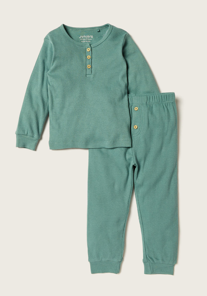 Juniors Ribbed Long Sleeves T-shirt and Full Length Pyjama Set-Pyjama Sets-image-0