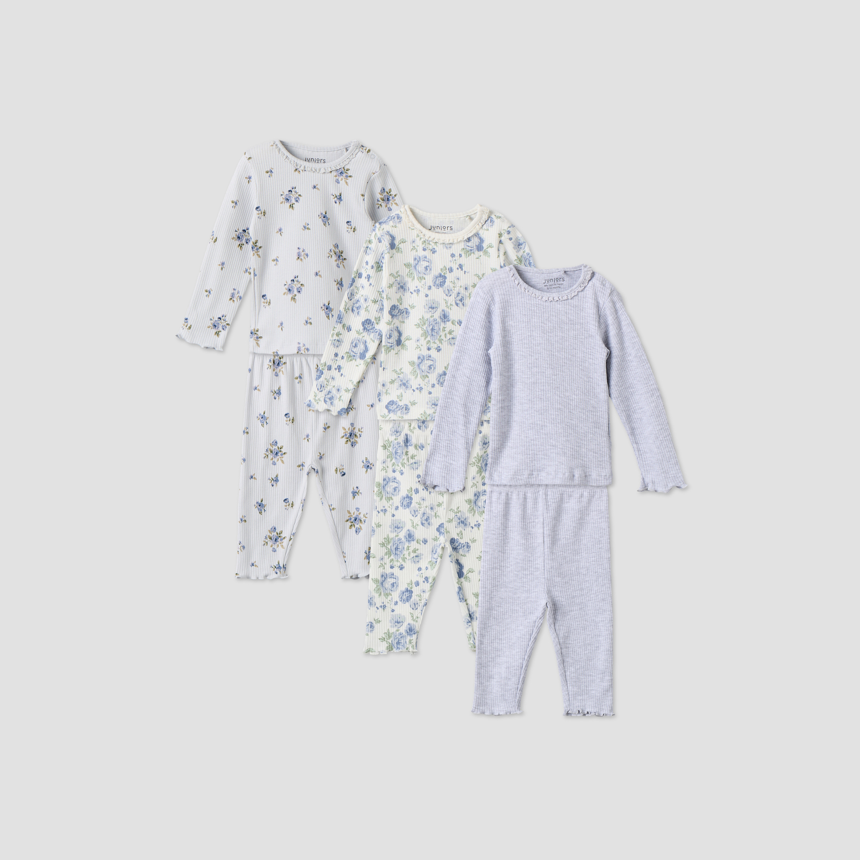Pack of 3 Juniors Cotton Crew Neck Long Sleeves Pyjama Set with Floral Print-baby-girls-clothing-nightwear-pyjamasets-image-1