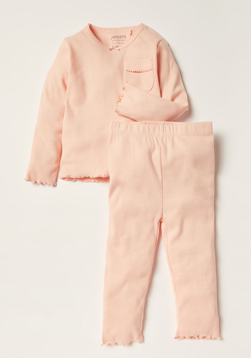 Juniors Ribbed Long Sleeve Top and Pyjama Set-Pyjama Sets-image-0