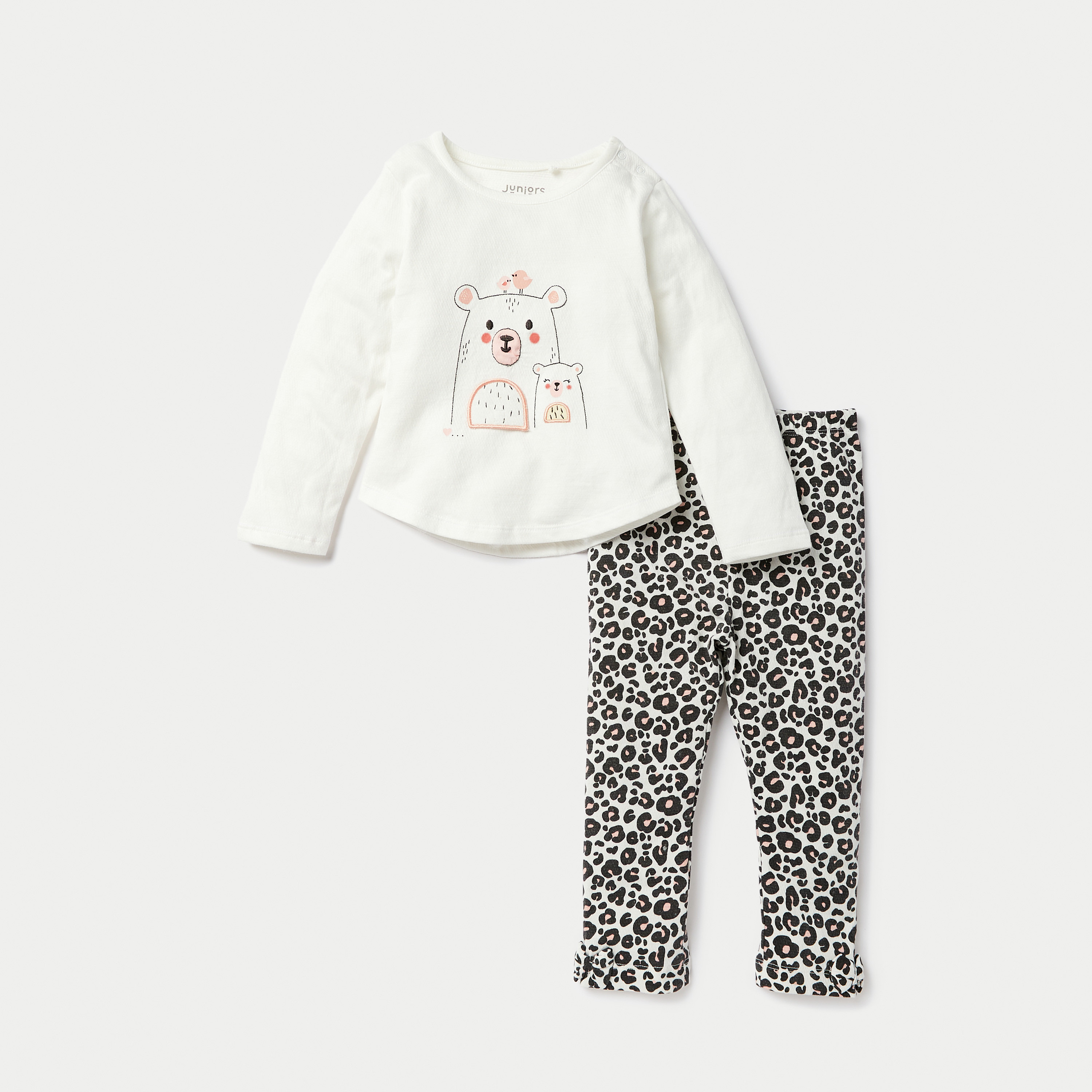 Juniors Bear Print Long Sleeves T-shirt and Pyjama Set-baby-girls-clothing-nightwear-pyjamasets-image-1