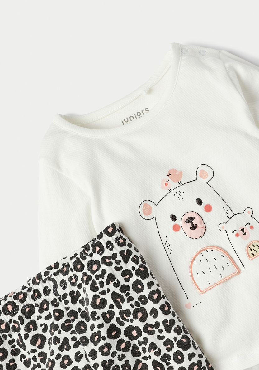 Juniors Bear Print Long Sleeves T-shirt and Pyjama Set-Pyjama Sets-image-3