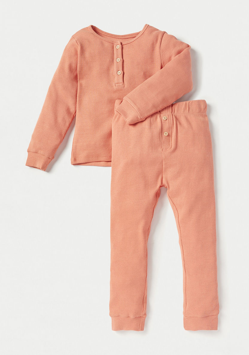 Juniors Textured Long Sleeves T-shirt and Pyjama Set-Pyjama Sets-image-0