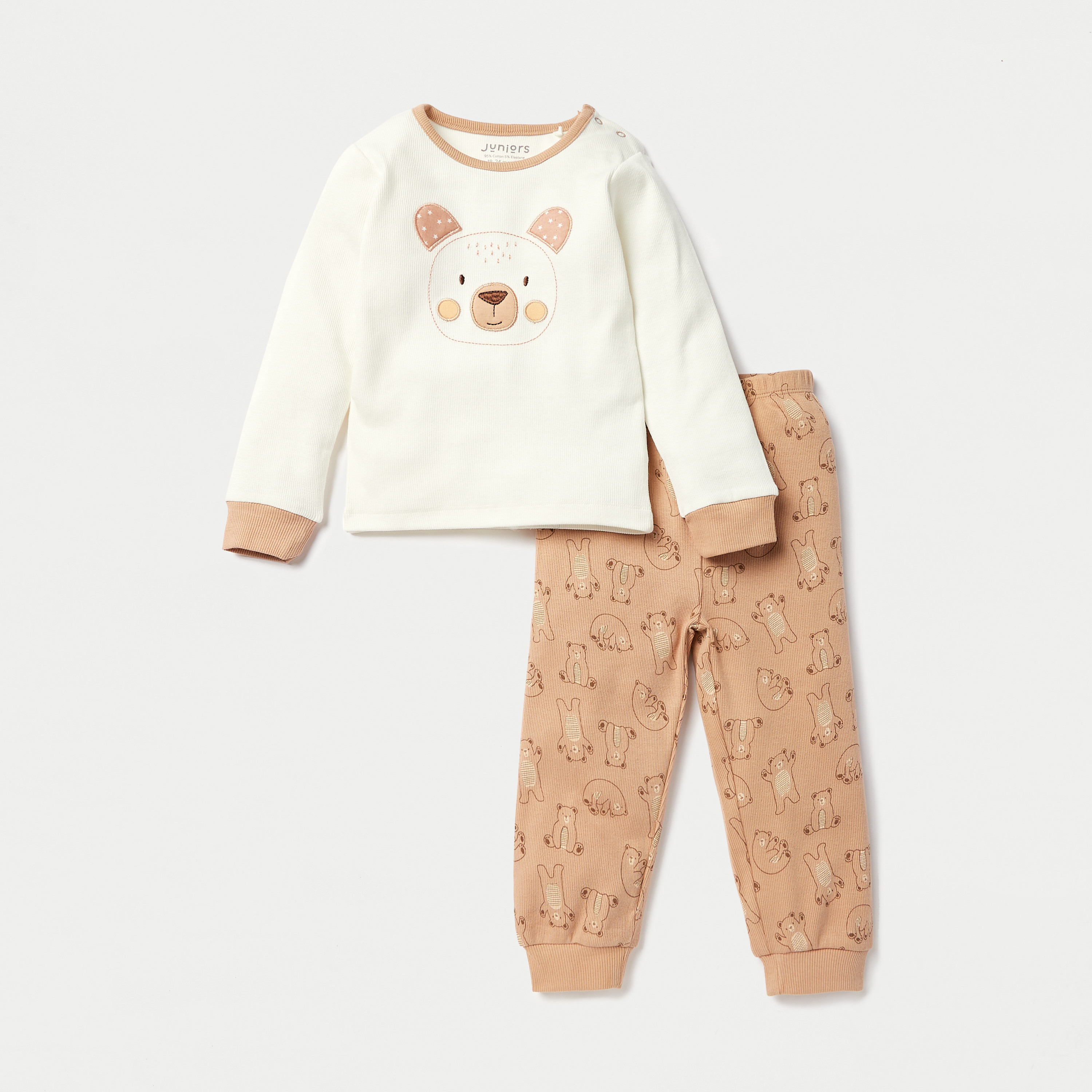 Juniors Bear Print Long Sleeves T-shirt and Pyjama Set-baby-boys-clothing-nightwear-pyjamasets-image-1