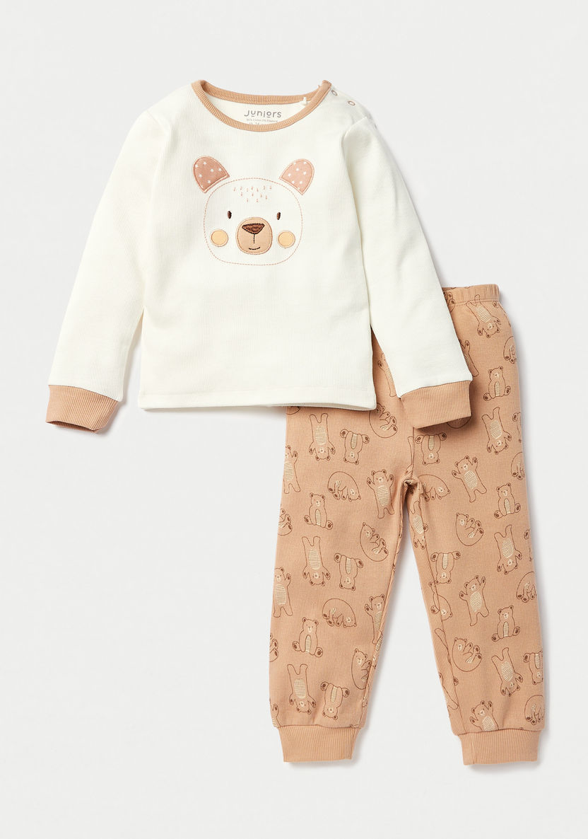 Juniors Bear Print Long Sleeves T-shirt and Pyjama Set-Pyjama Sets-image-0