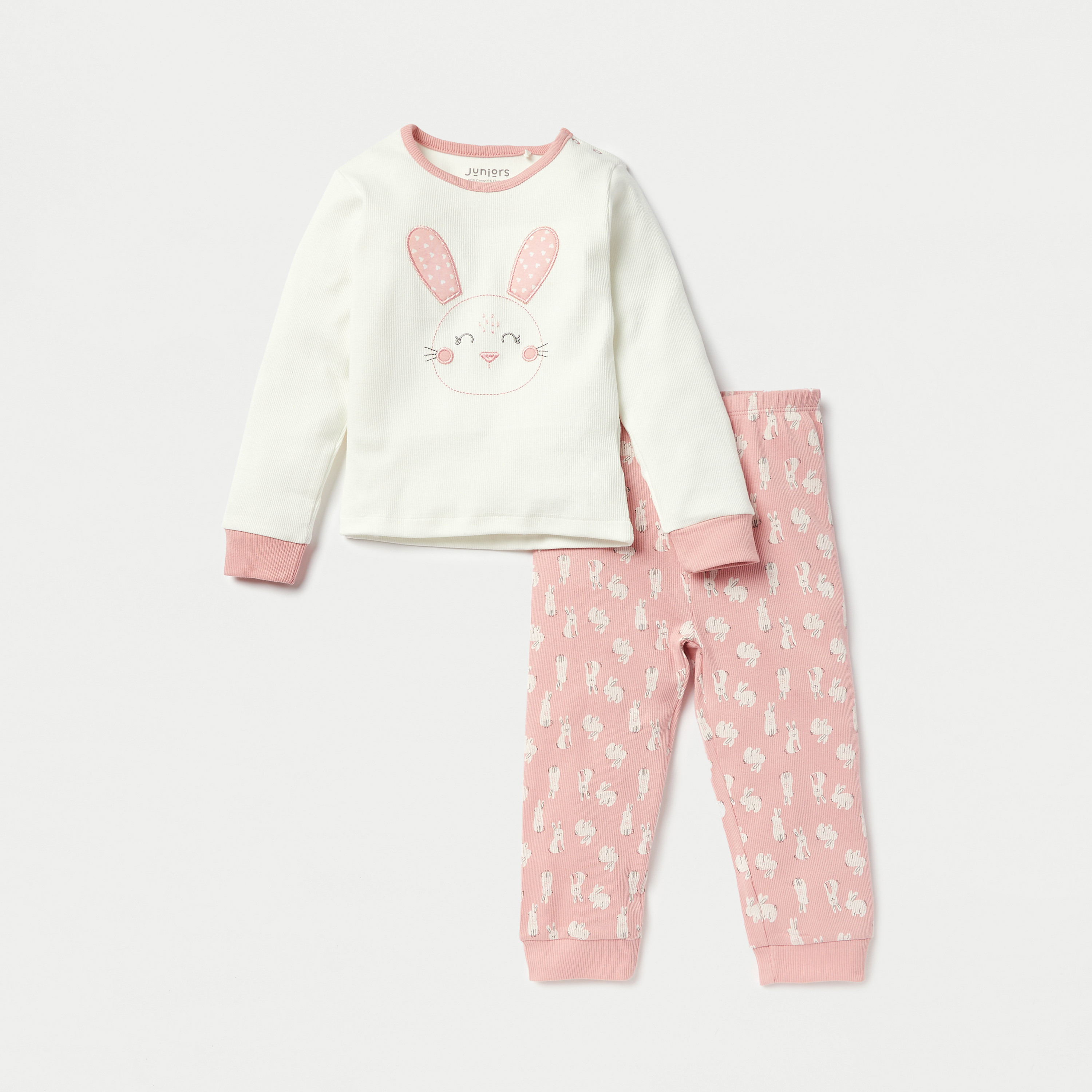 Juniors Bunny Print Long Sleeves T-shirt and Pyjama Set-baby-girls-clothing-nightwear-pyjamasets-image-1
