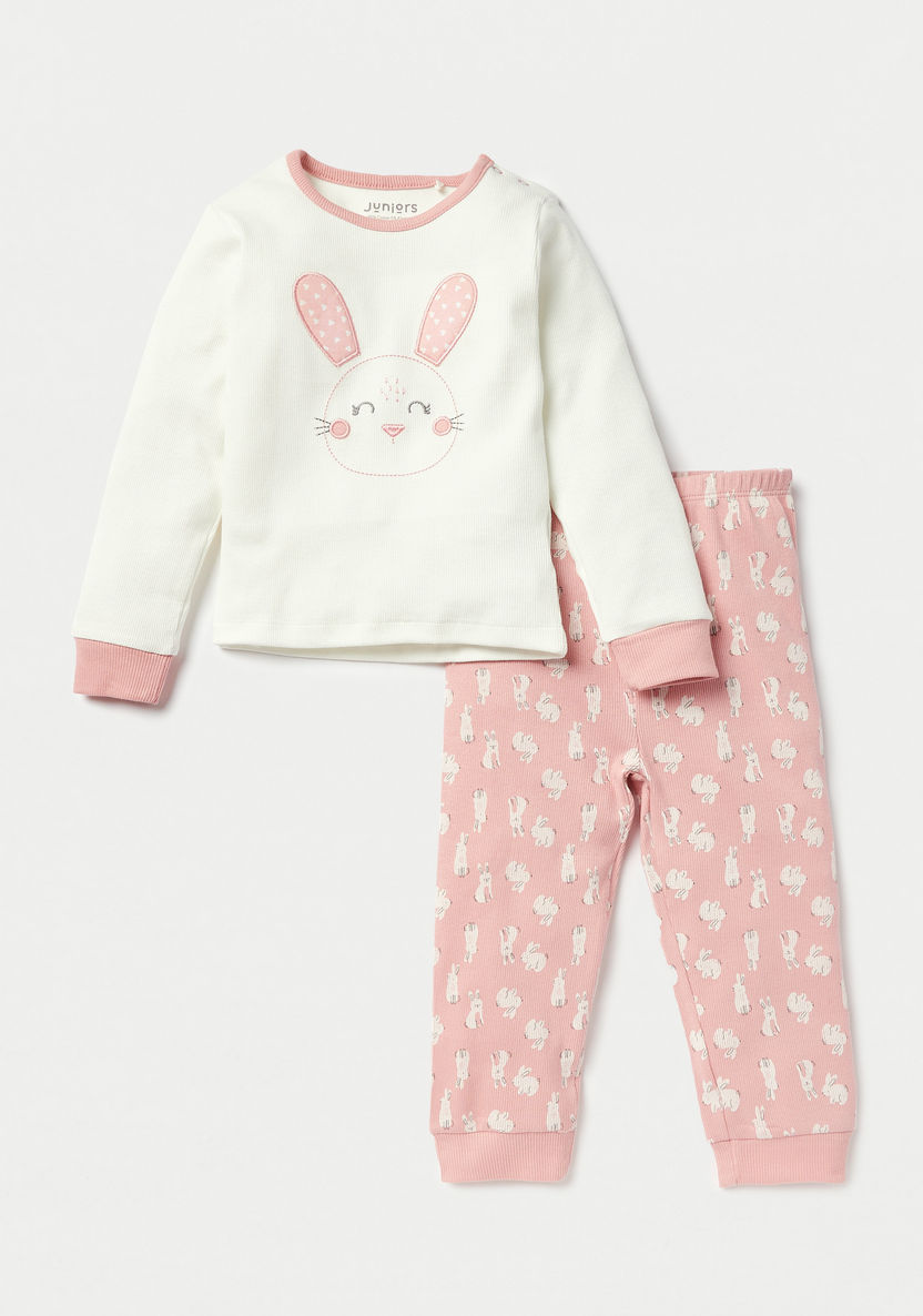 Juniors Bunny Print Long Sleeves T-shirt and Pyjama Set-Pyjama Sets-image-0