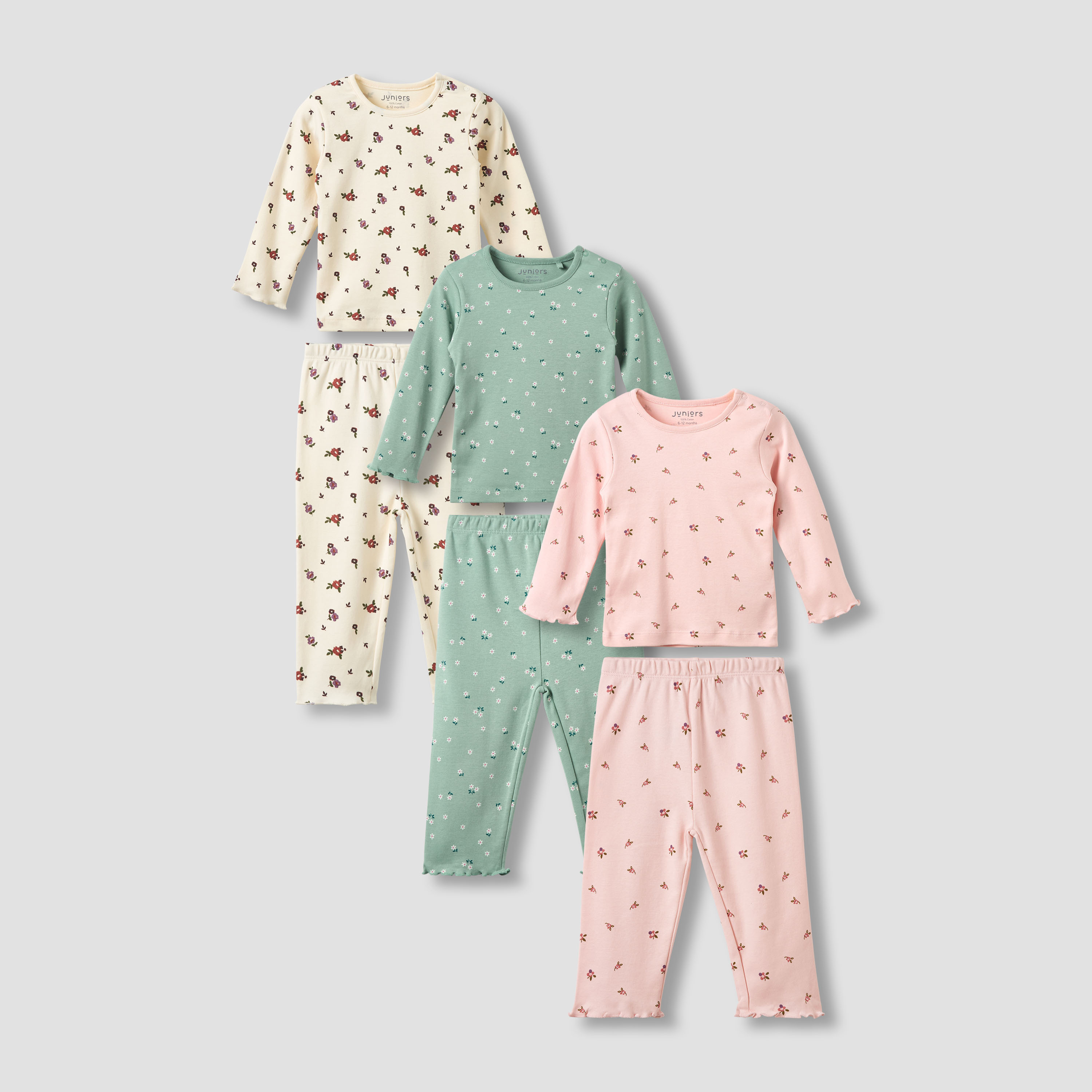 Pack of 3 Juniors Cotton Crew Neck Long Sleeves Pyjama Set with Floral Print-baby-girls-clothing-nightwear-pyjamasets-image-1