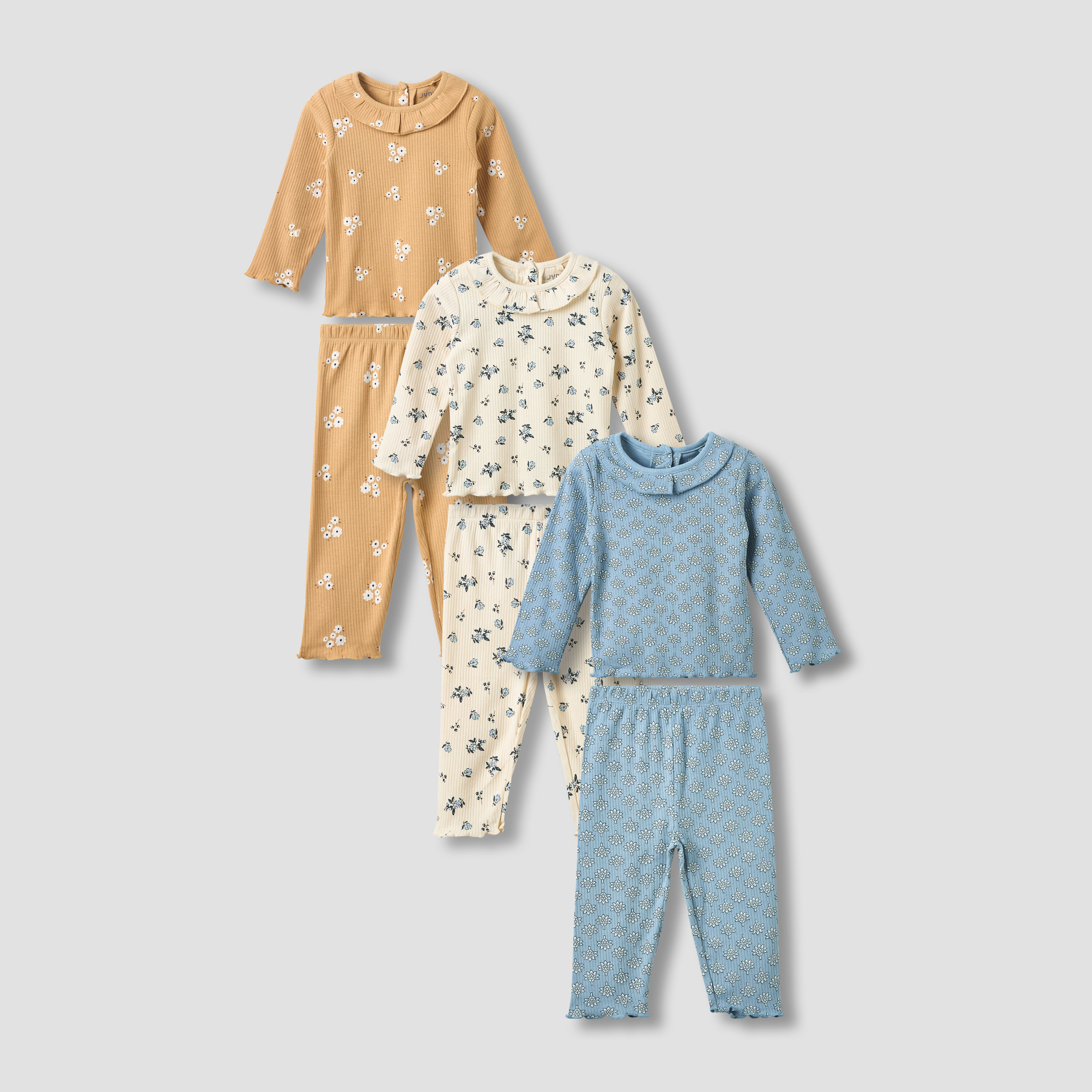 Juniors Cotton Crew Neck Long Sleeves Pyjama Set with Floral Print - Pack of 3-baby-girls-clothing-nightwear-pyjamasets-image-1
