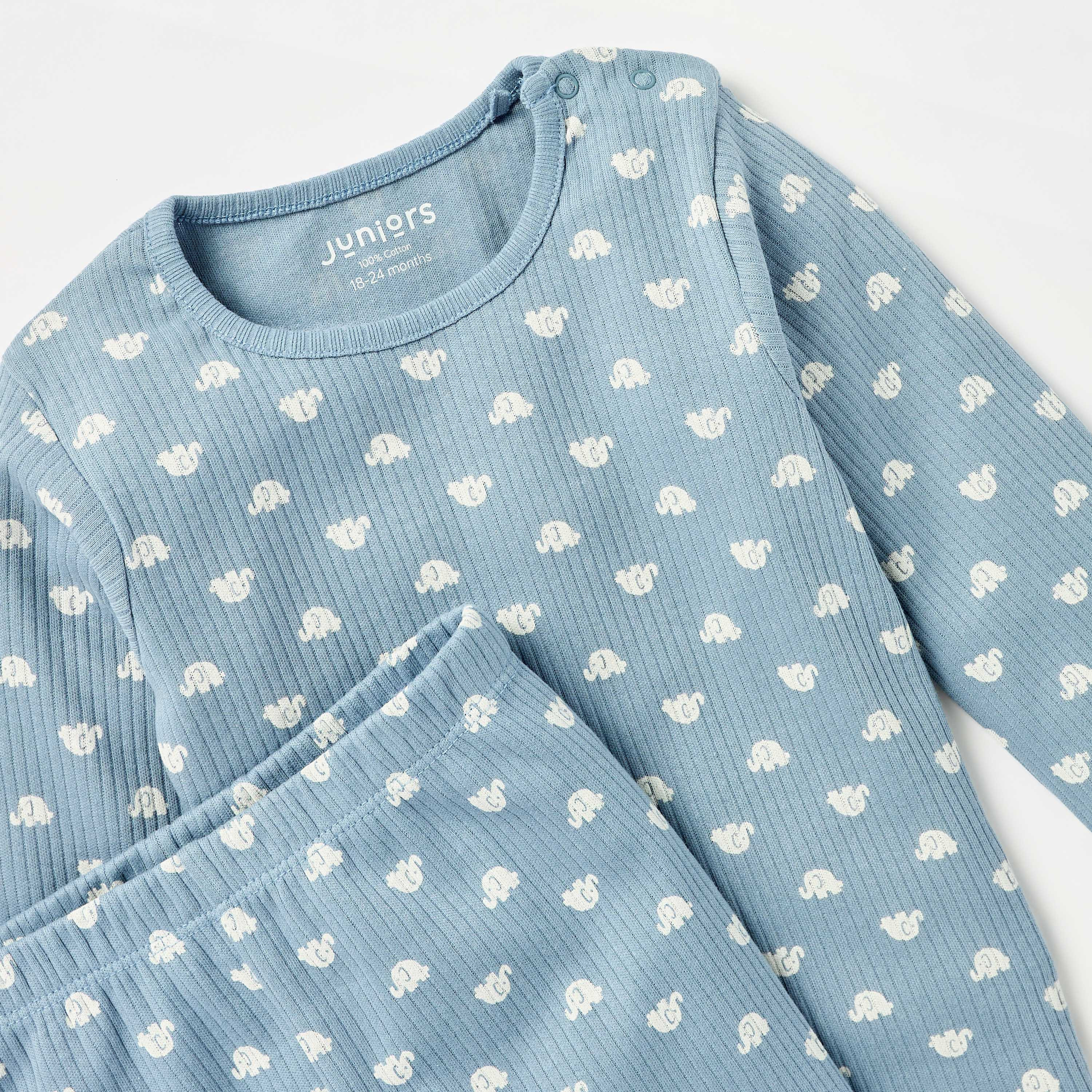 Juniors All-Over Elephant Print Long Sleeves T-shirt and Elasticated Pyjama Set-baby-boys-clothing-nightwear-pyjamasets-image-4