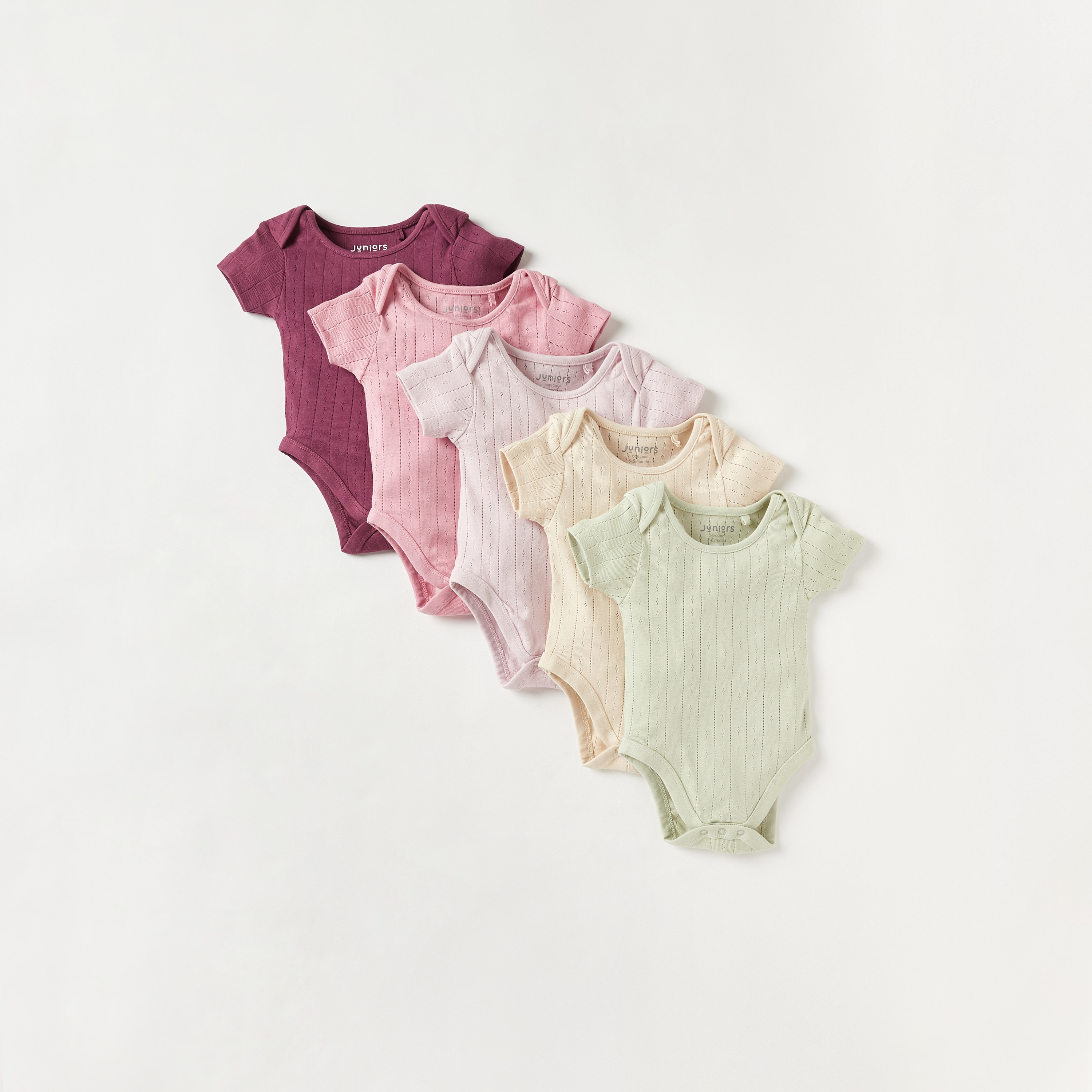 Juniors Pointelle Textured Bodysuit with Short Sleeves and Button Closure - Set of 5-baby-girls-clothing-bodysuits-image-1