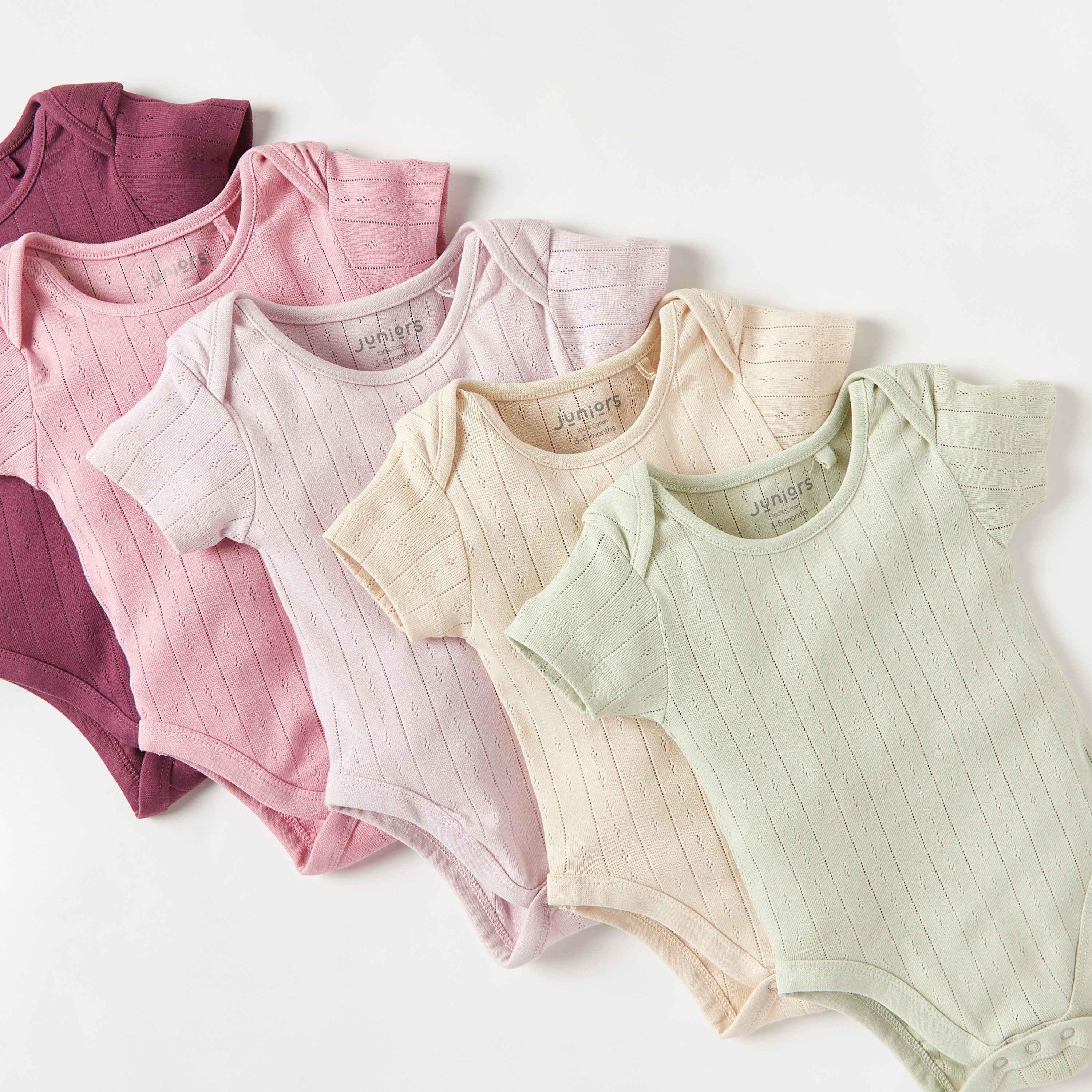 Juniors Pointelle Textured Bodysuit with Short Sleeves and Button Closure - Set of 5-baby-girls-clothing-bodysuits-image-3
