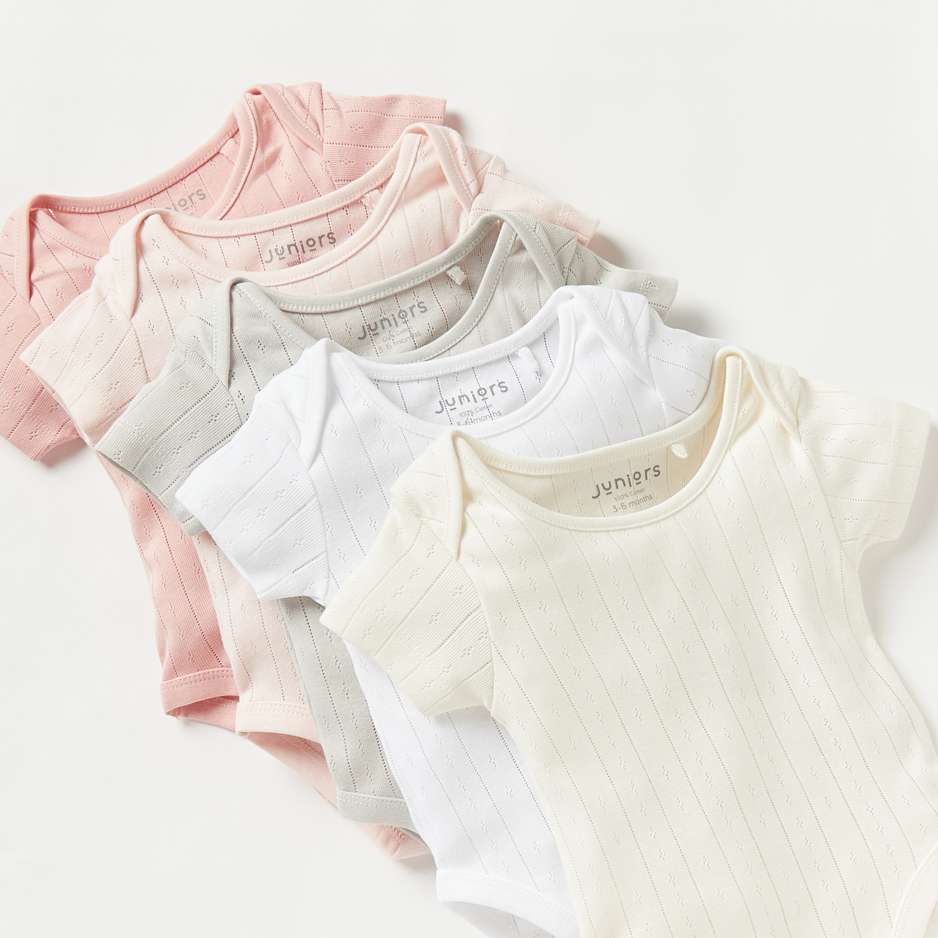 Juniors Pointelle Textured Bodysuit with Short Sleeves and Button Closure - Set of 5-baby-girls-clothing-multipacks-image-3
