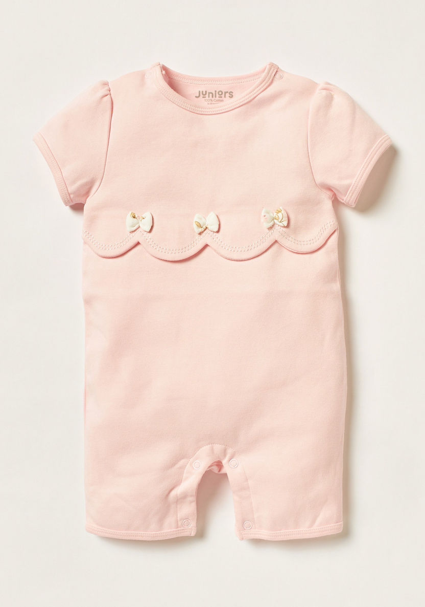 Juniors Bow Accented Romper with Round Neck and Short Sleeves-Rompers, Dungarees & Jumpsuits-image-0
