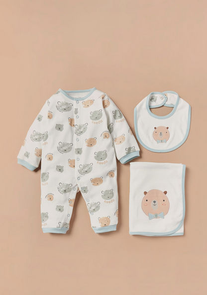 Juniors Bear Detail Sleepsuit with Bib and Blanket-Clothes Sets-image-0