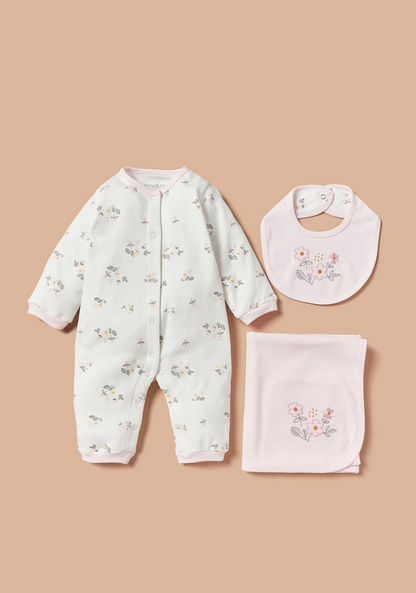 Juniors Floral Print Sleepsuit with Bib and Blanket-Clothes Sets-image-0