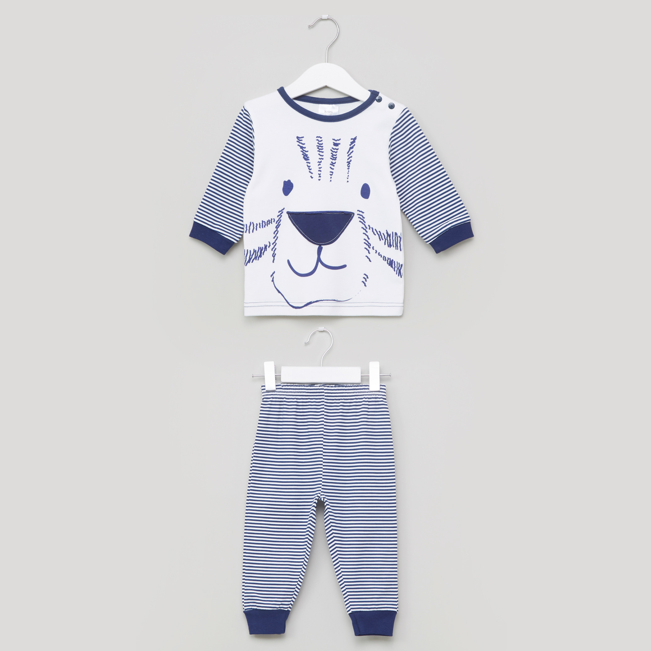 Juniors Printed Round Neck T-Shirt with Striped Jog Pants-baby-boys-clothing-nightwear-pyjamasets-image-1