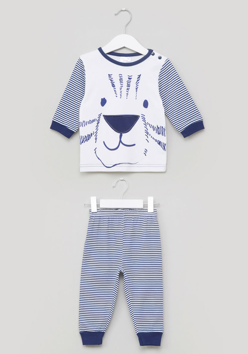 Juniors Printed Round Neck T-shirt with Striped Jog Pants-Pyjama Sets-image-0