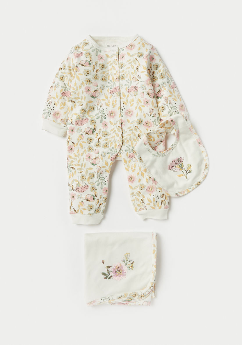 Juniors 3-Piece Floral Print Sleepsuit and Bib Set-Clothes Sets-image-0