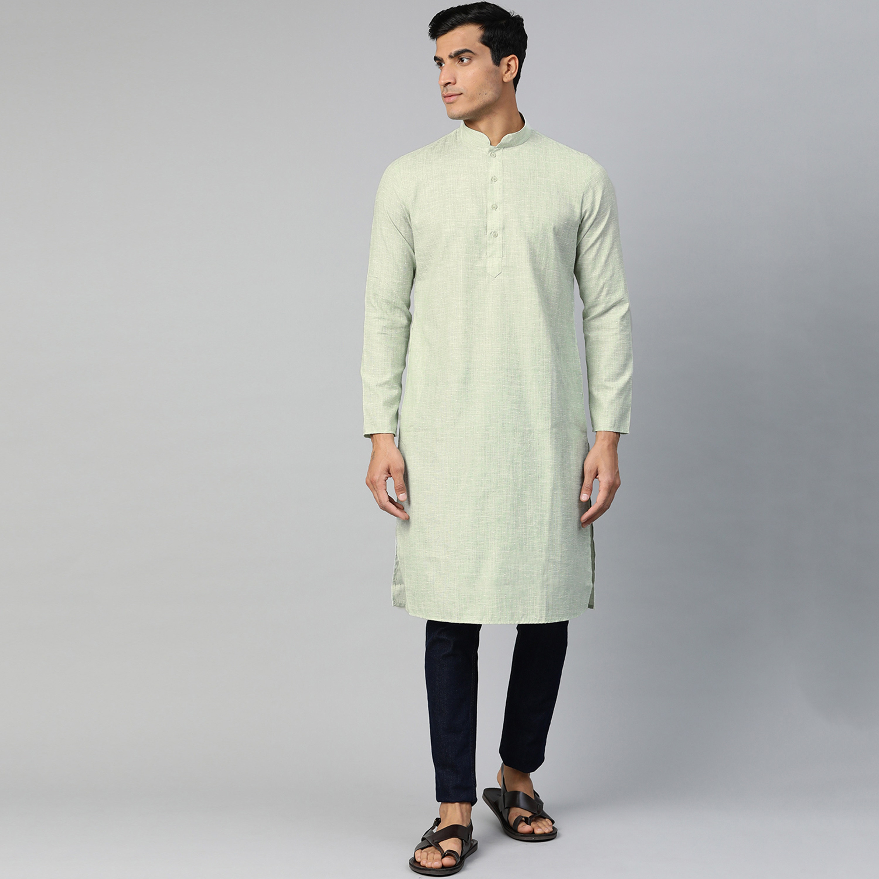 Manthan Self Design Cotton Mandarin Collar Kurta with Button Closure-men-clothing-ethnicwear-kurtas-image-1