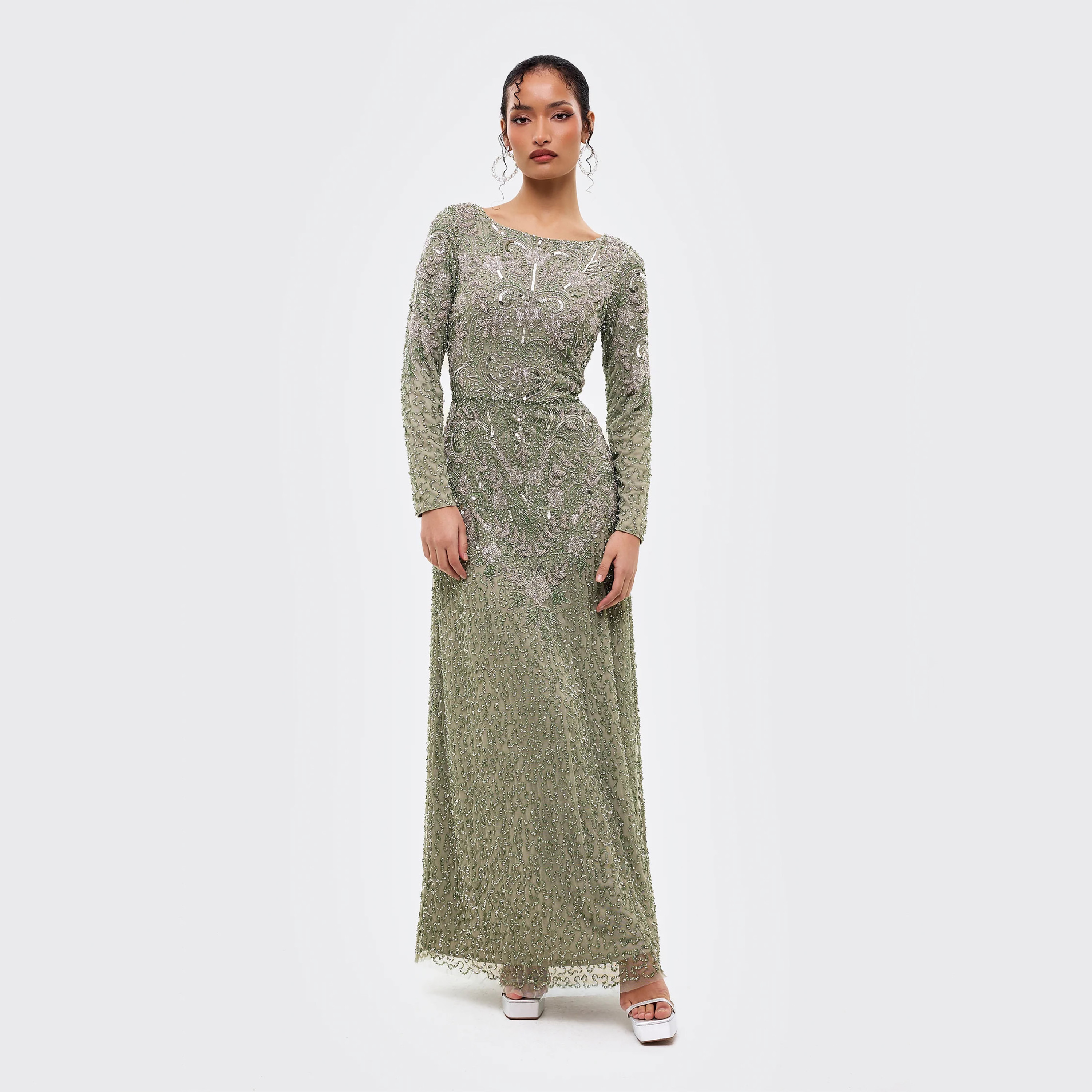 فستان سهرة ماكسي نسائي بأكمام ضيقة وتفاصيل مزينة بلون أخضر من ماريسيا-women-clothing-dresses-image-1