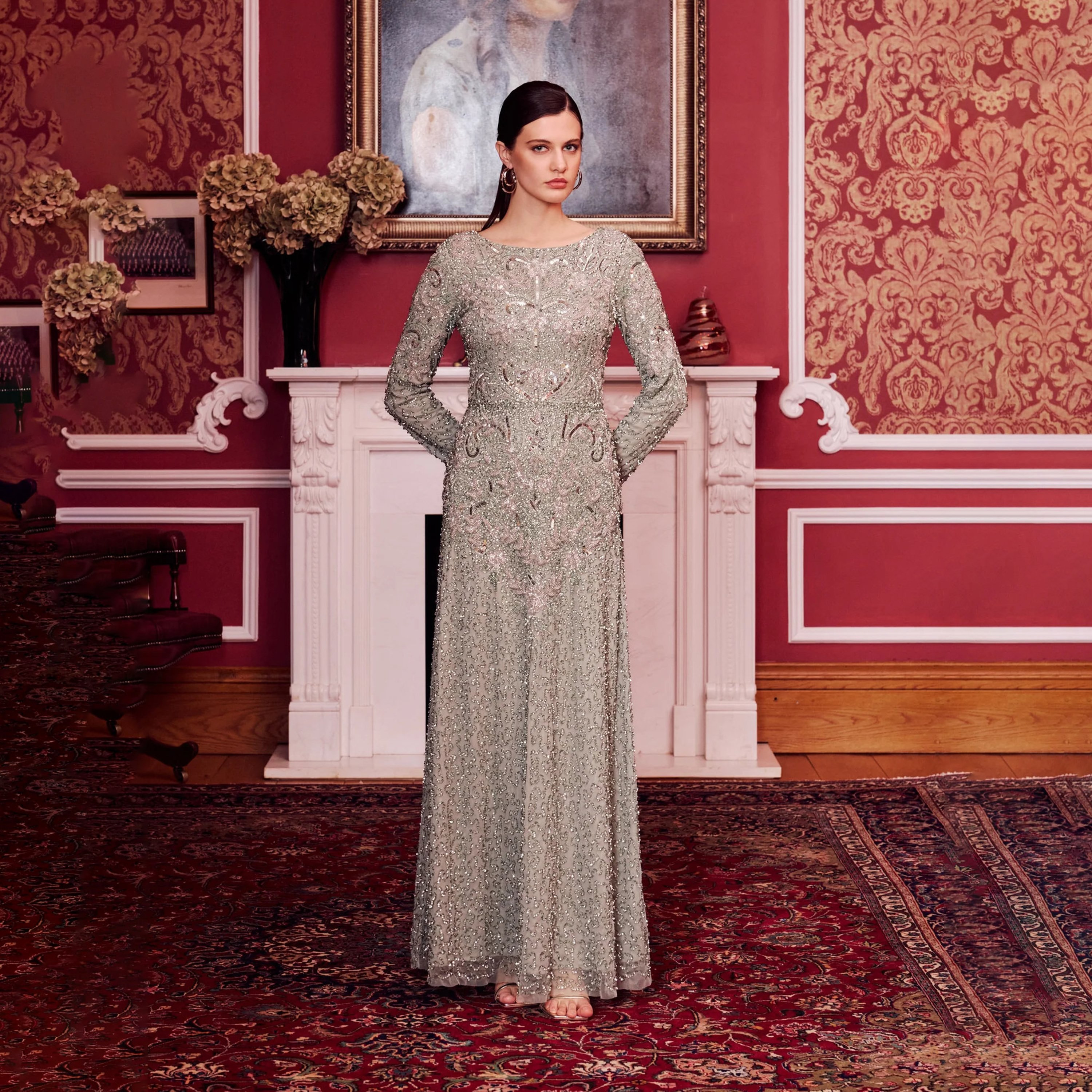 فستان سهرة ماكسي نسائي بأكمام ضيقة وتفاصيل مزينة بلون أخضر من ماريسيا-women-clothing-dresses-image-5
