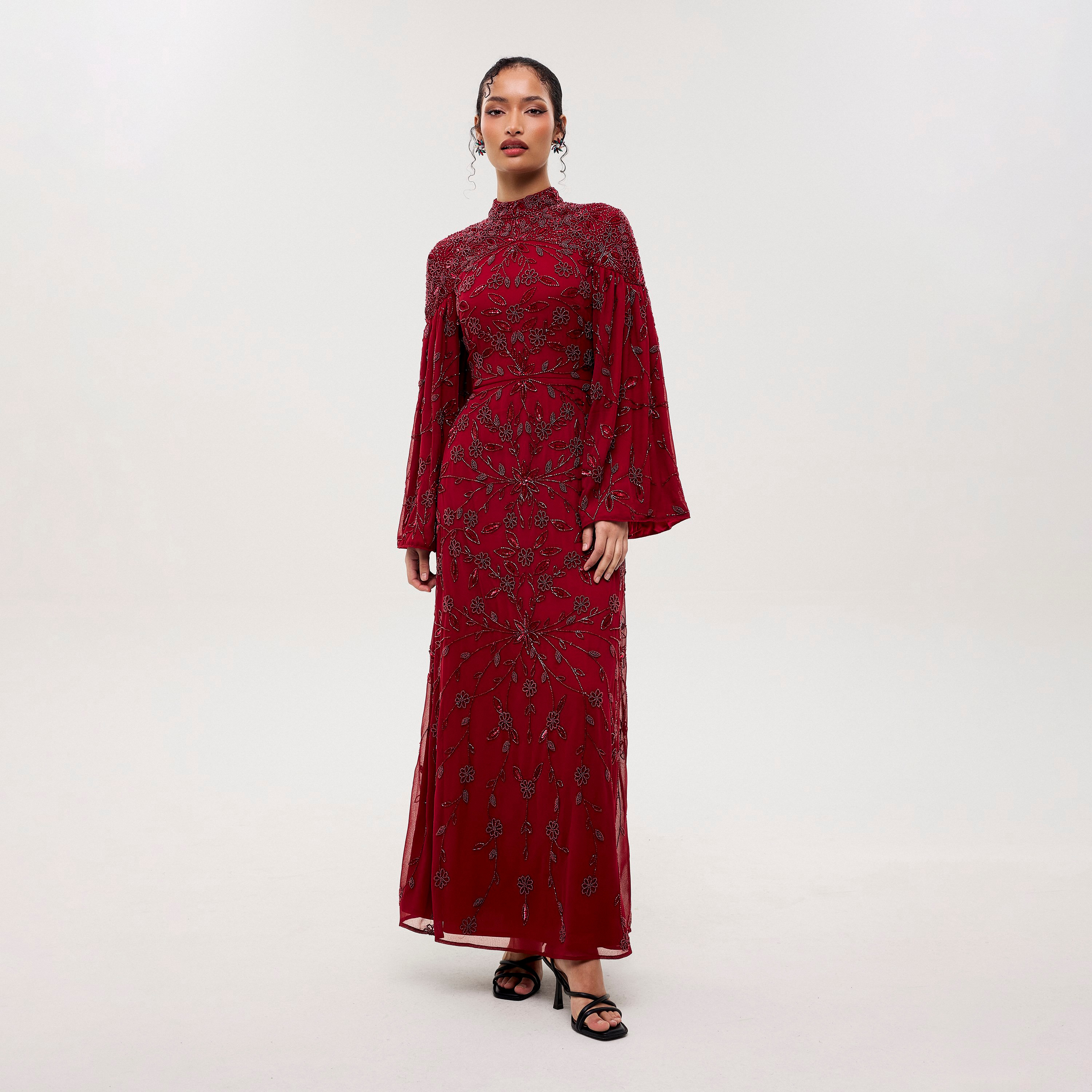 Maryisa Mysa Maroon Beaded Tulle High Neck Flared Sleeves Sheath Women's Evening Maxi Dress-women-clothing-dresses-image-1