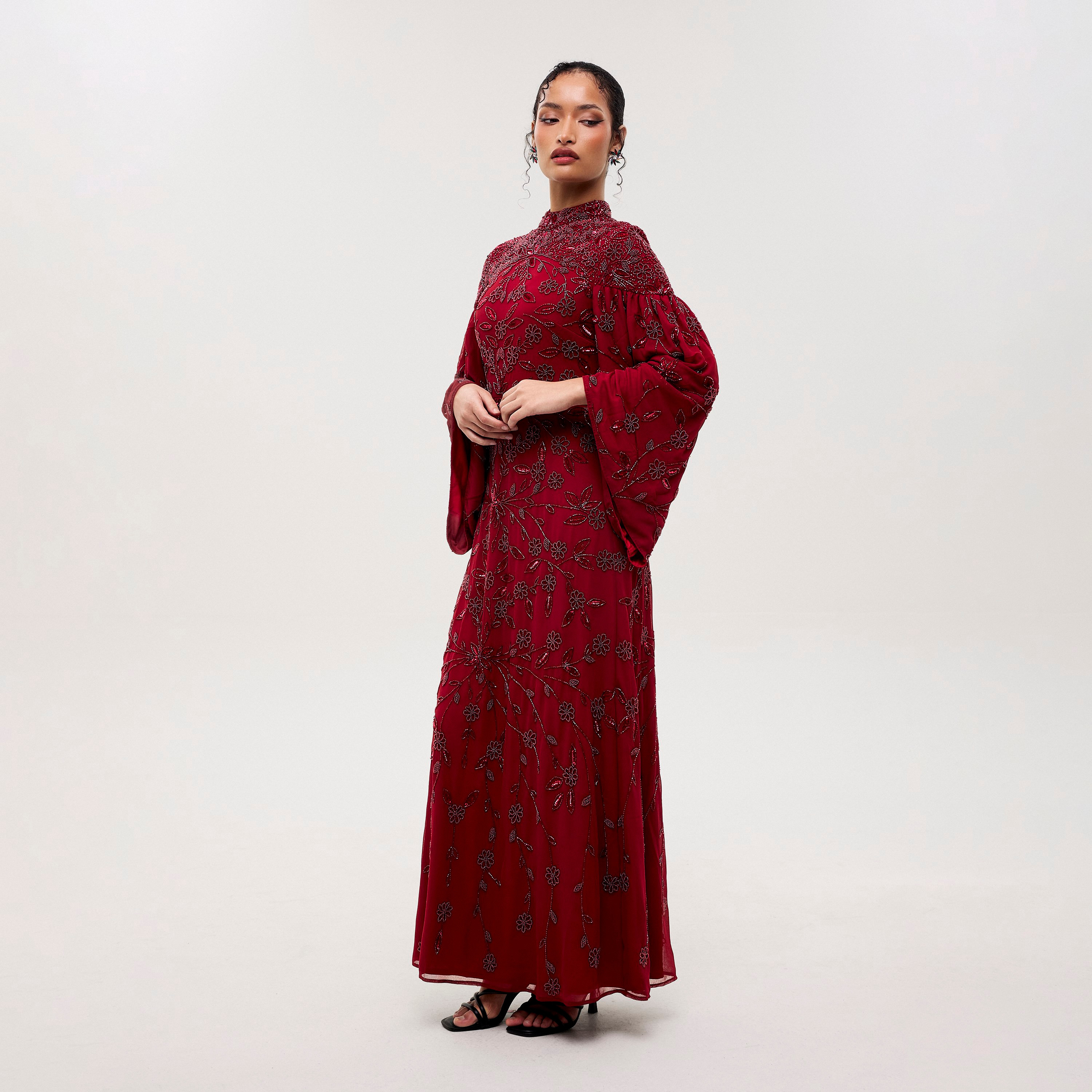 Maryisa Mysa Maroon Beaded Tulle High Neck Flared Sleeves Sheath Women's Evening Maxi Dress-women-clothing-dresses-image-3