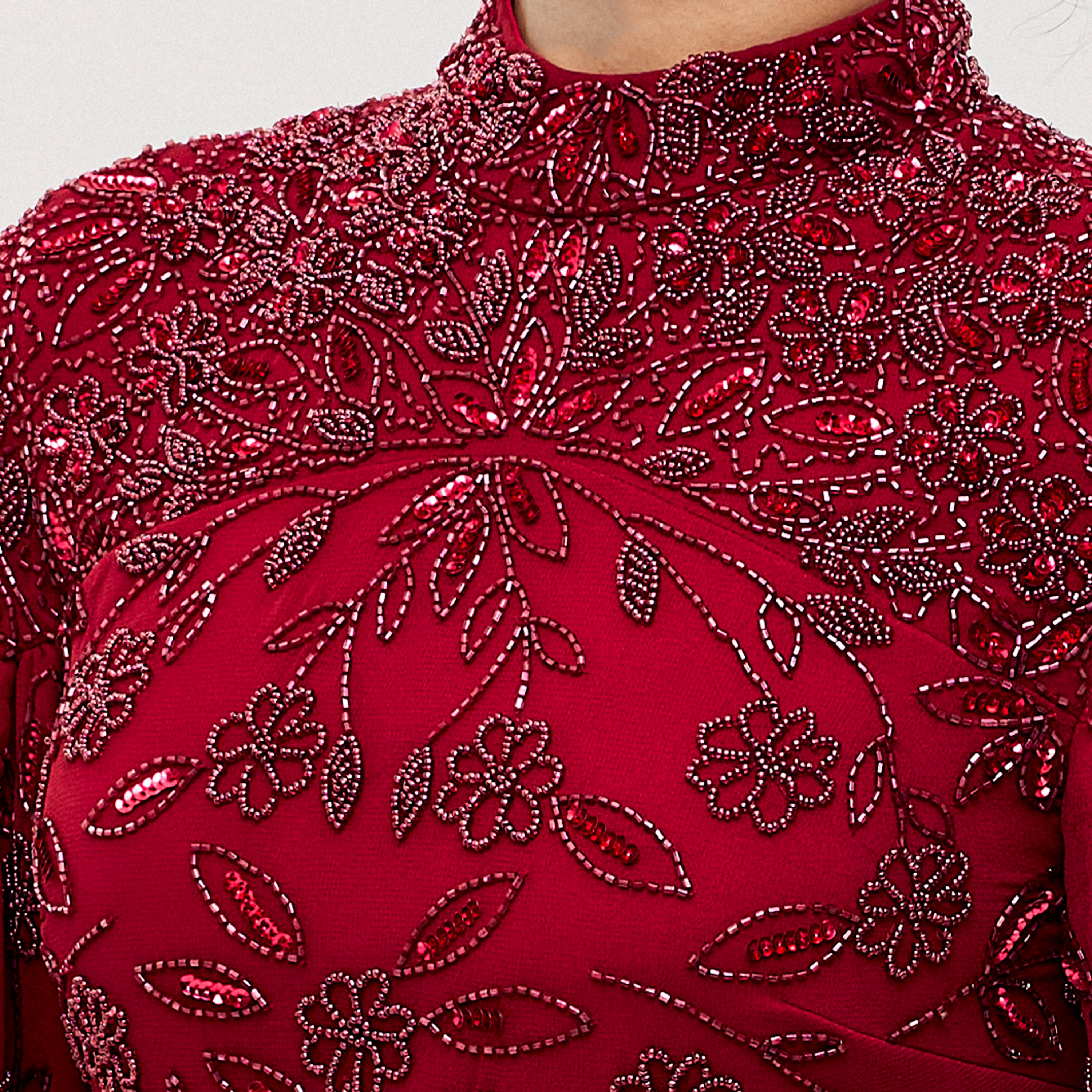 Maryisa Mysa Maroon Beaded Tulle High Neck Flared Sleeves Sheath Women's Evening Maxi Dress-women-clothing-dresses-image-5