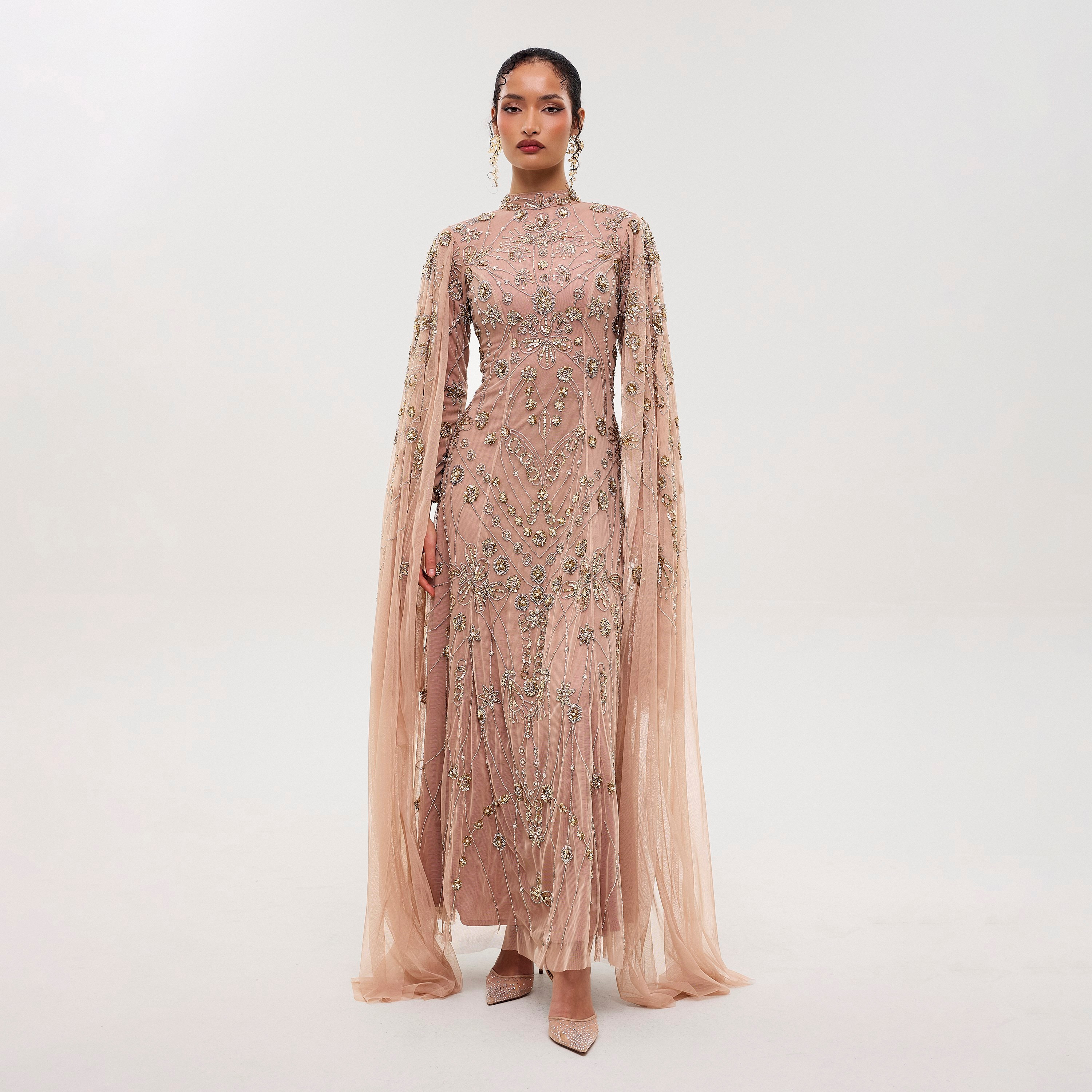 Maryisa Rumi Taupe Blush Beaded & Sequined Mesh Cap Sleeves Sheath Women's Evening Maxi Dress-women-clothing-dresses-image-1