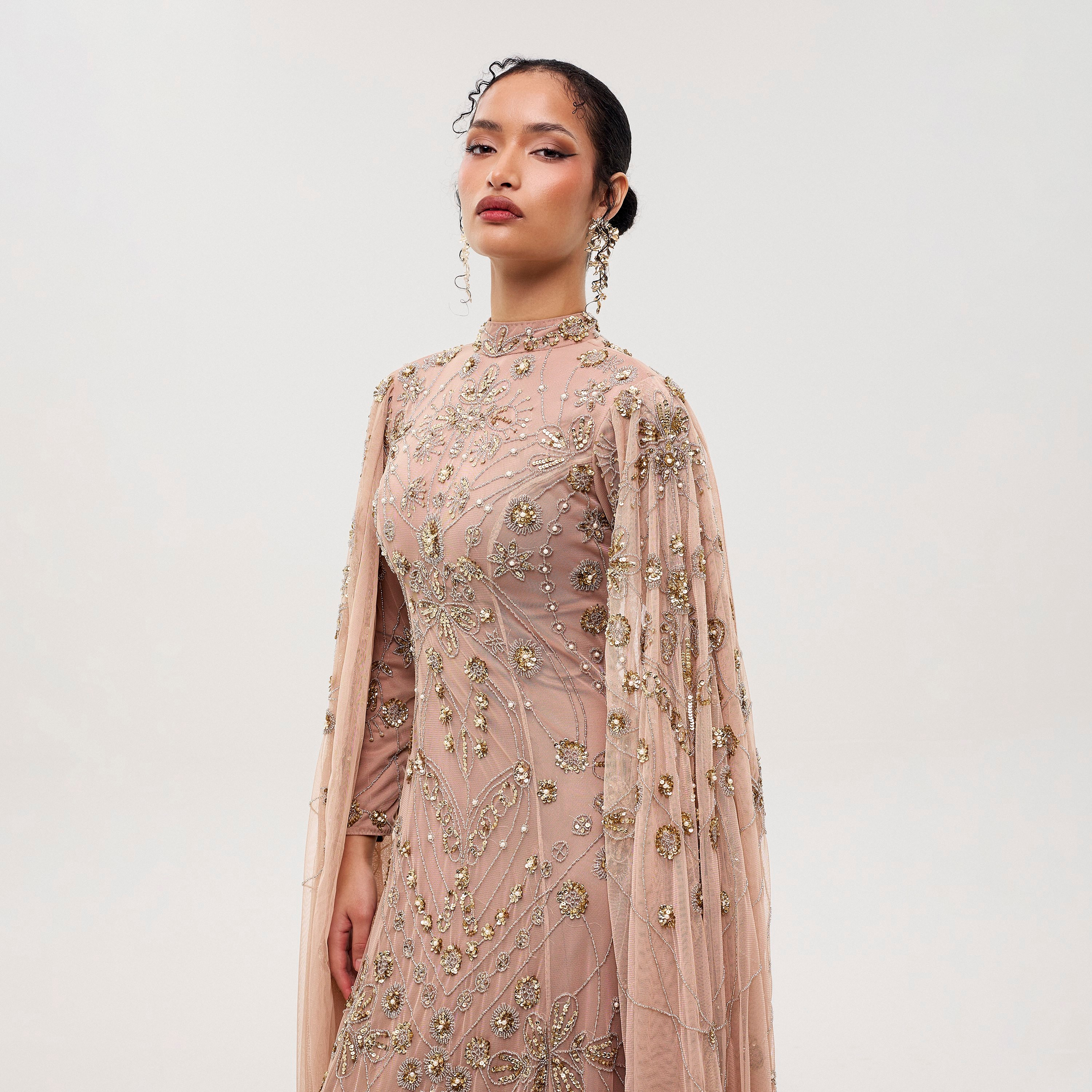 Maryisa Rumi Taupe Blush Beaded & Sequined Mesh Cap Sleeves Sheath Women's Evening Maxi Dress-women-clothing-dresses-image-2