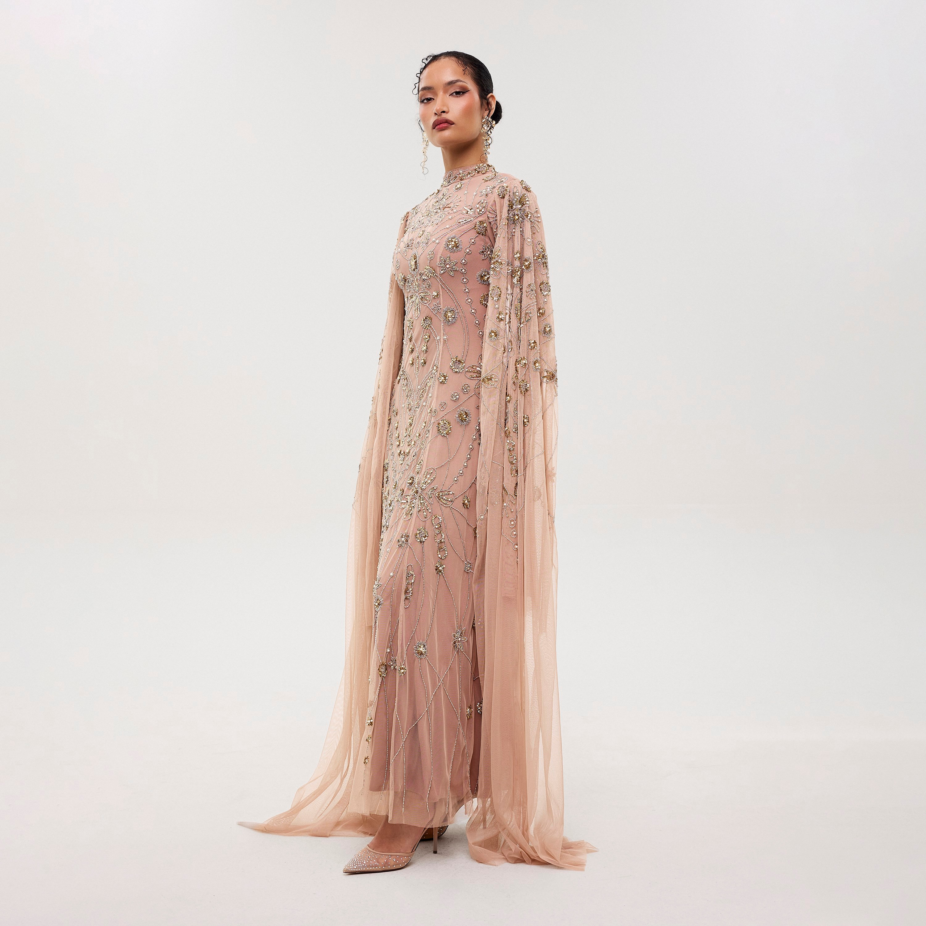 Maryisa Rumi Taupe Blush Beaded & Sequined Mesh Cap Sleeves Sheath Women's Evening Maxi Dress-women-clothing-dresses-image-3