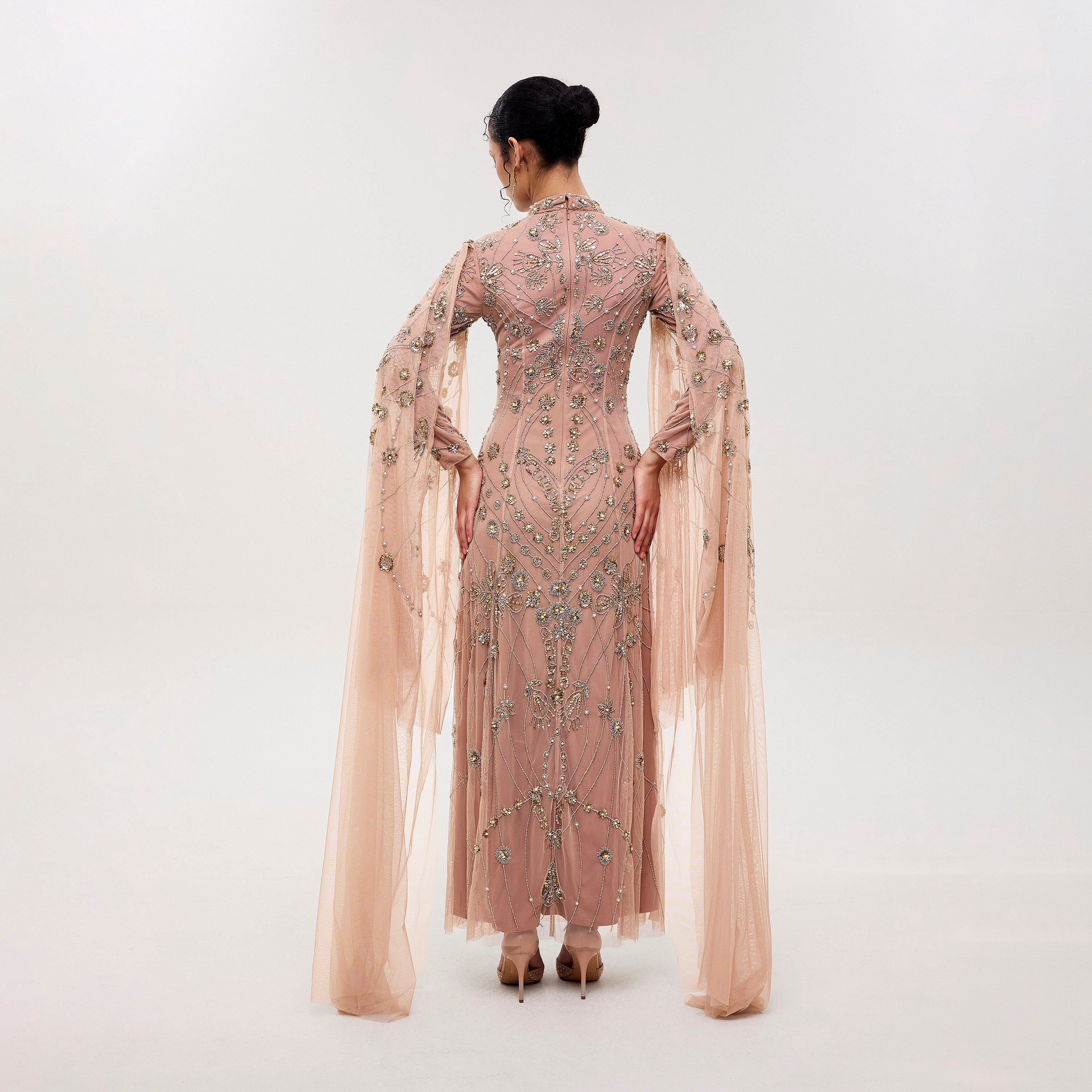 Maryisa Rumi Taupe Blush Beaded & Sequined Mesh Cap Sleeves Sheath Women's Evening Maxi Dress-women-clothing-dresses-image-4