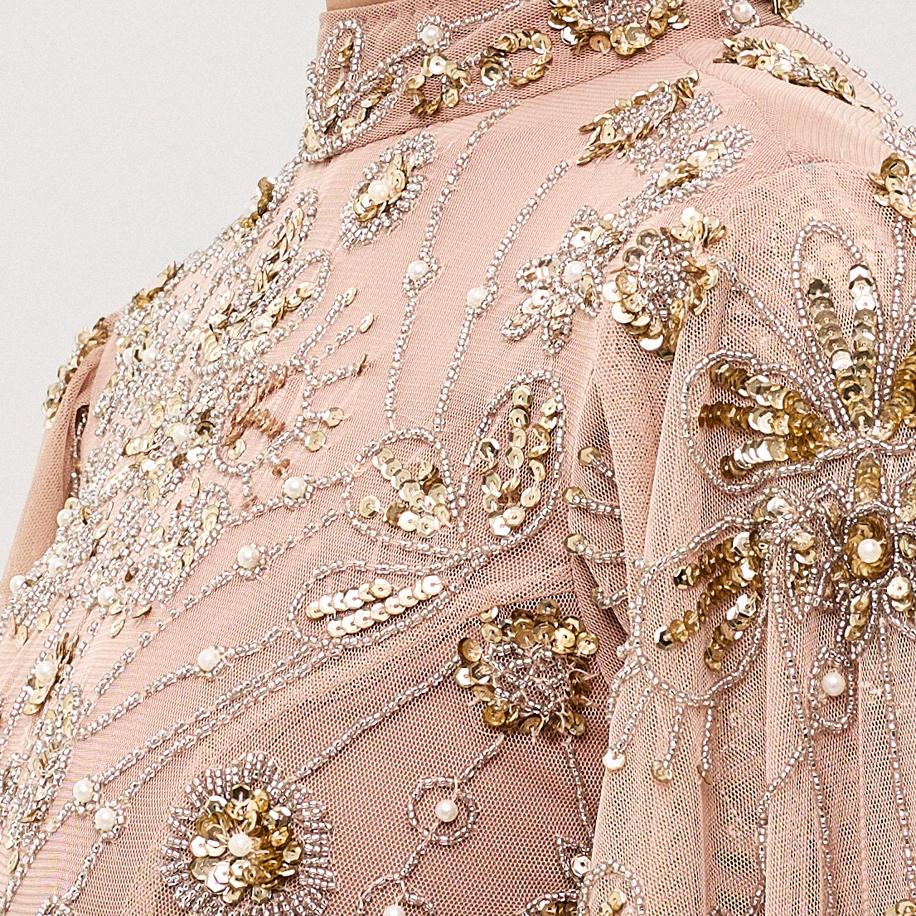 Maryisa Rumi Taupe Blush Beaded & Sequined Mesh Cap Sleeves Sheath Women's Evening Maxi Dress-women-clothing-dresses-image-5