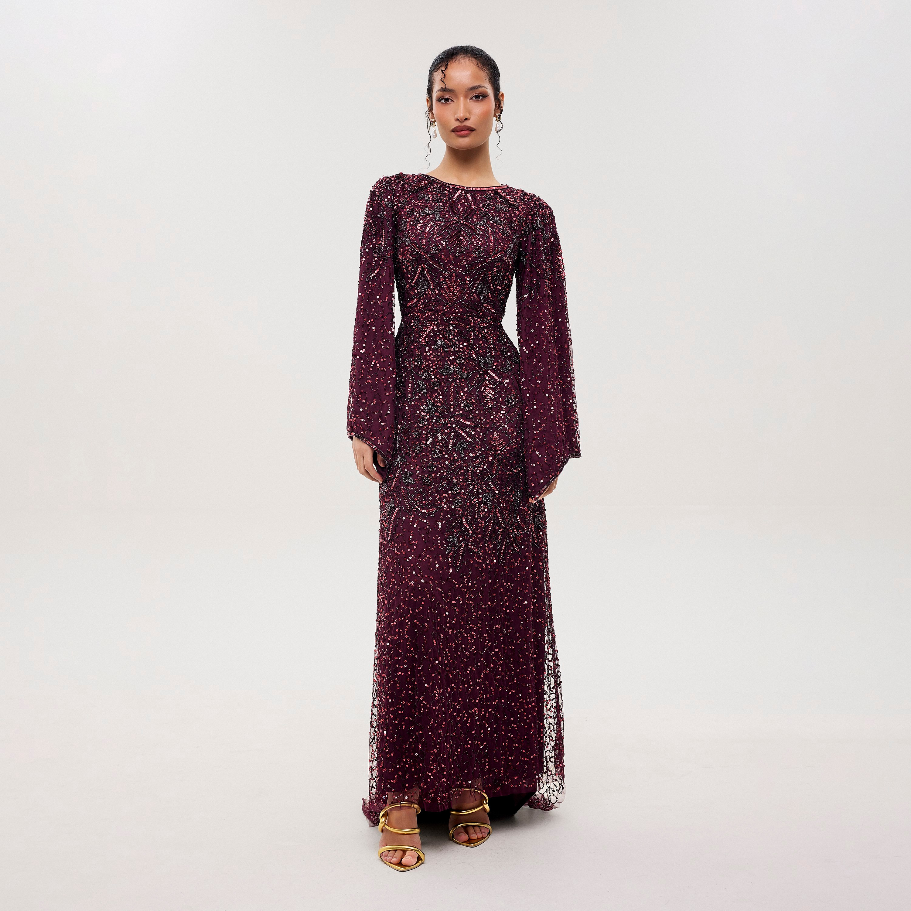 Maryisa Aero Mauve Beaded & Sequined Mesh Flared Sleeves Sheath Women's Evening Maxi Dress-women-clothing-dresses-image-1
