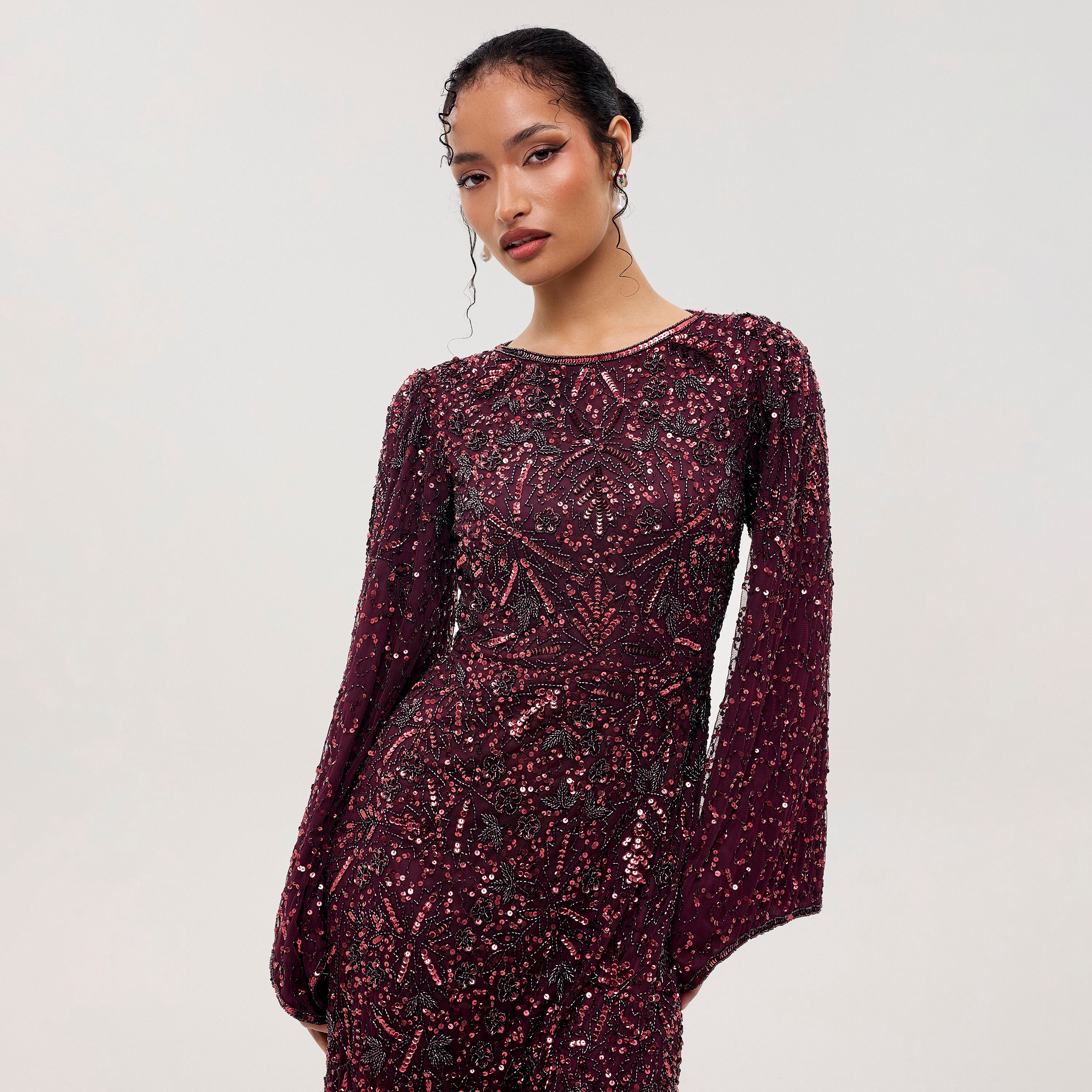 Maryisa Aero Mauve Beaded & Sequined Mesh Flared Sleeves Sheath Women's Evening Maxi Dress-women-clothing-dresses-image-2