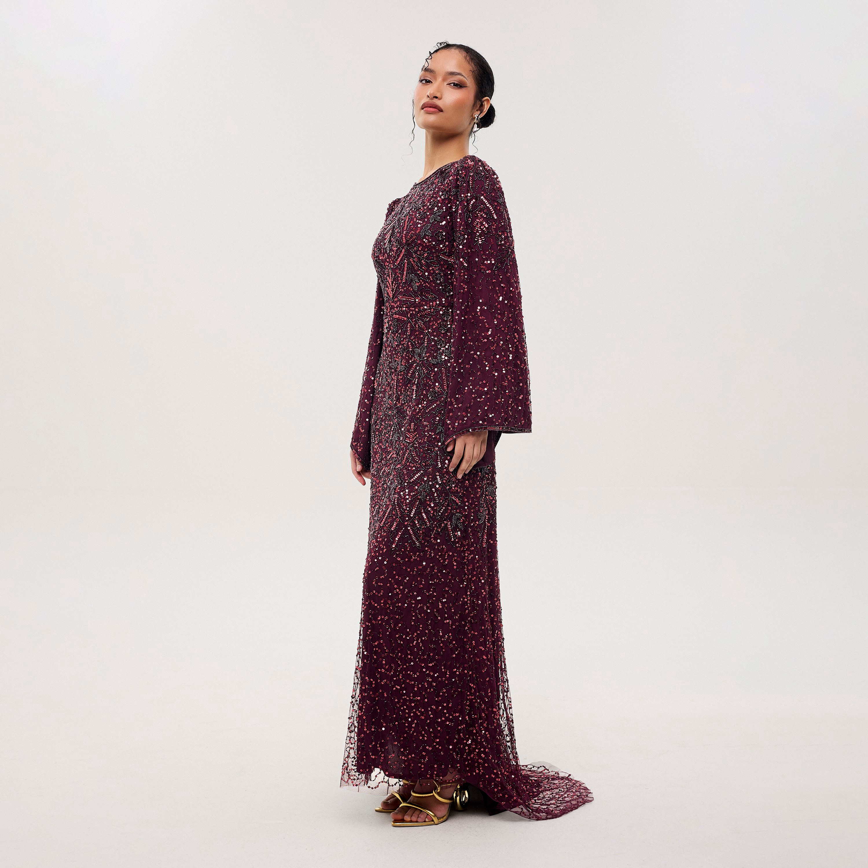 Maryisa Aero Mauve Beaded & Sequined Mesh Flared Sleeves Sheath Women's Evening Maxi Dress-women-clothing-dresses-image-3