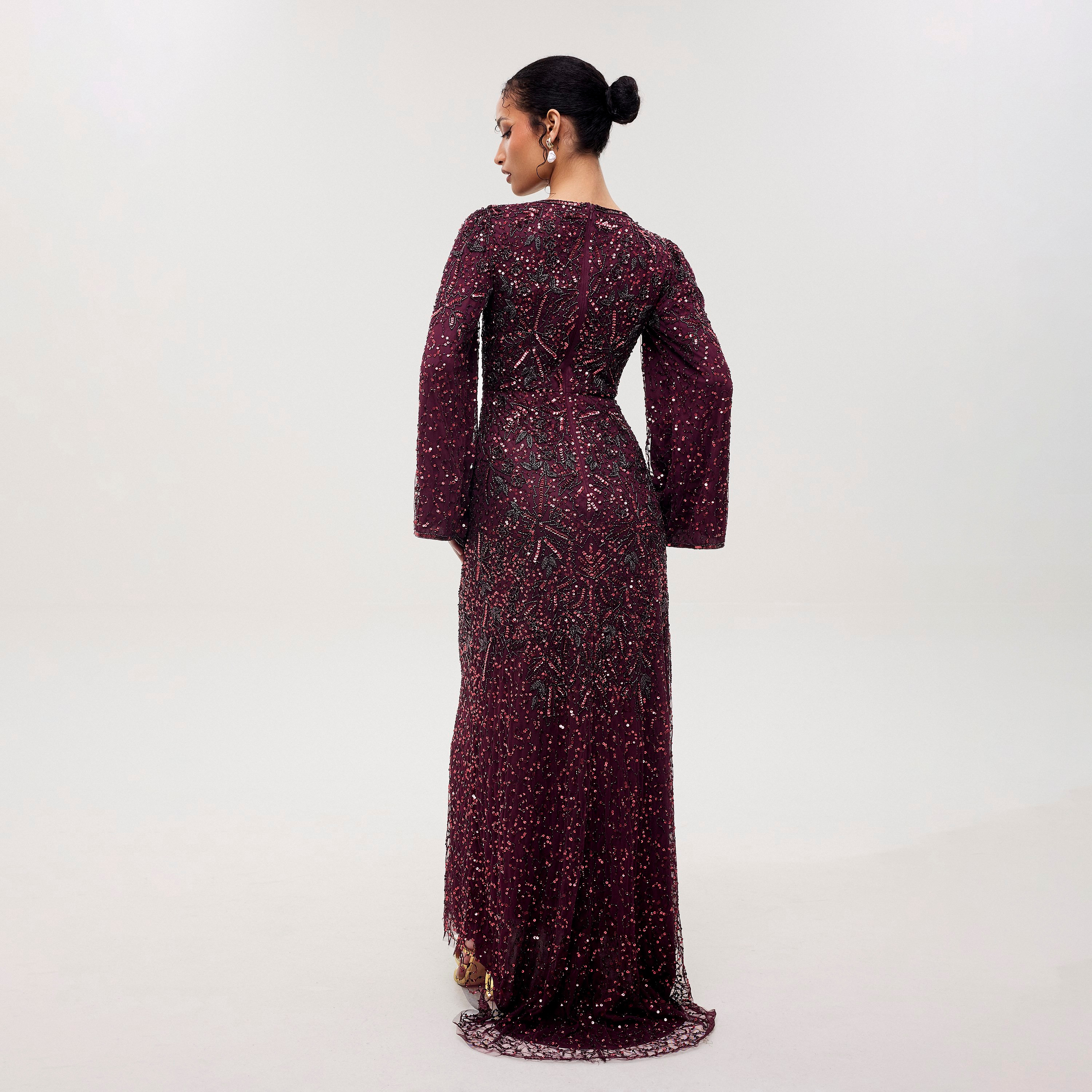 Maryisa Aero Mauve Beaded & Sequined Mesh Flared Sleeves Sheath Women's Evening Maxi Dress-women-clothing-dresses-image-4
