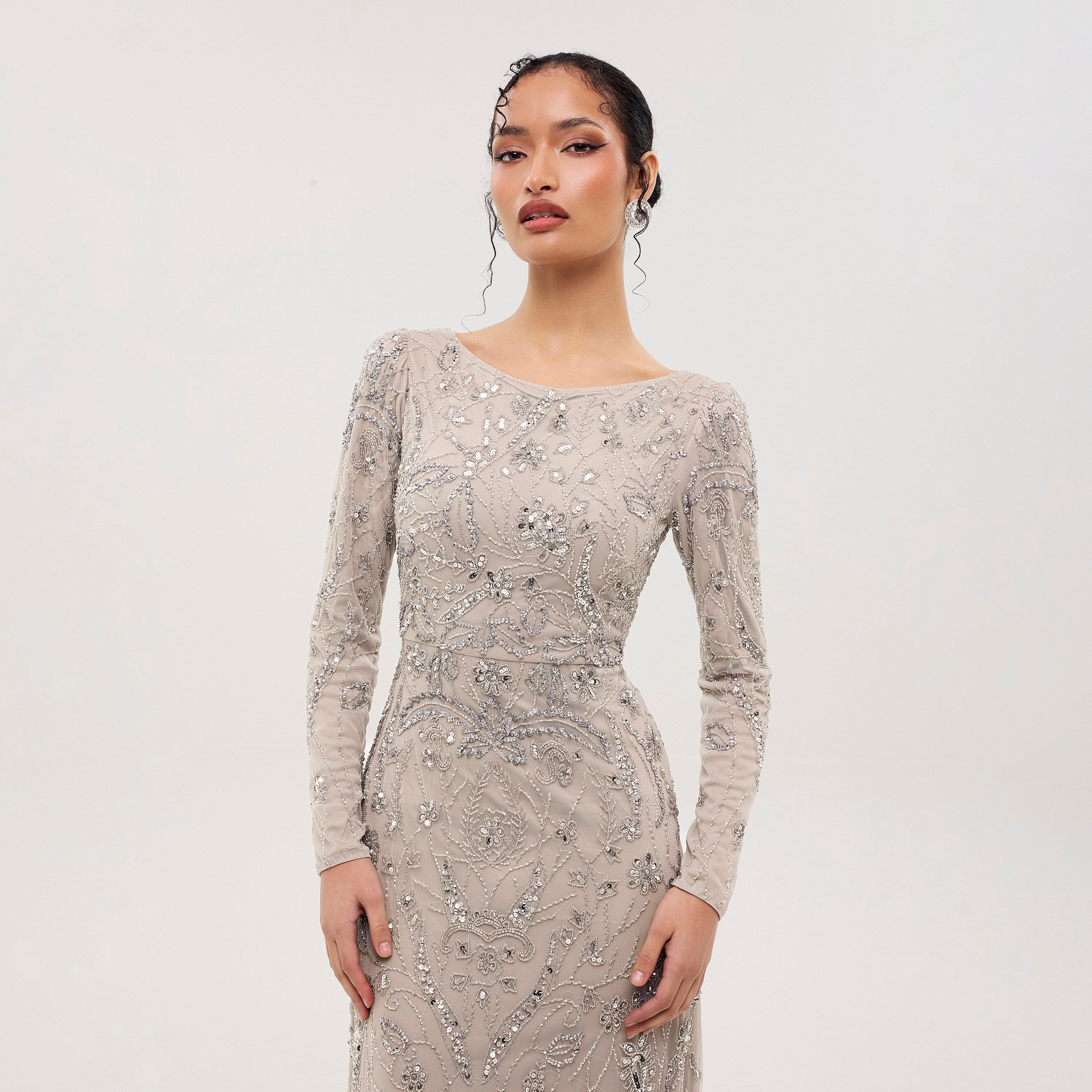 Maryisa Nova Grey Beaded & Sequined Tulle Sheath Women's Evening Maxi Dress-women-clothing-dresses-image-2