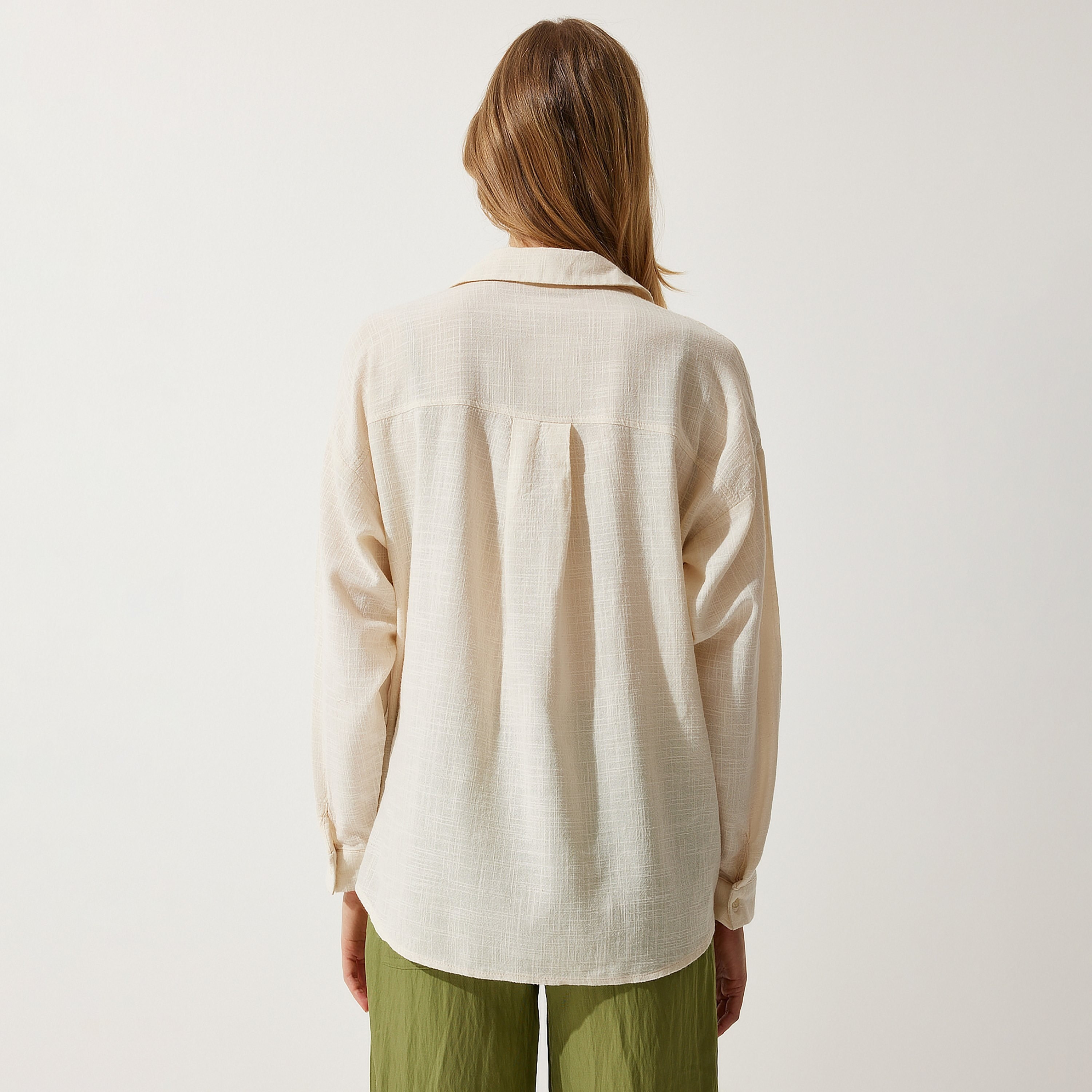 Happiness Istanbul Textured Linen Collared Dropped Sleeves Cream Women's Shirt-women-clothing-shirtsandblouses-shirts-image-3
